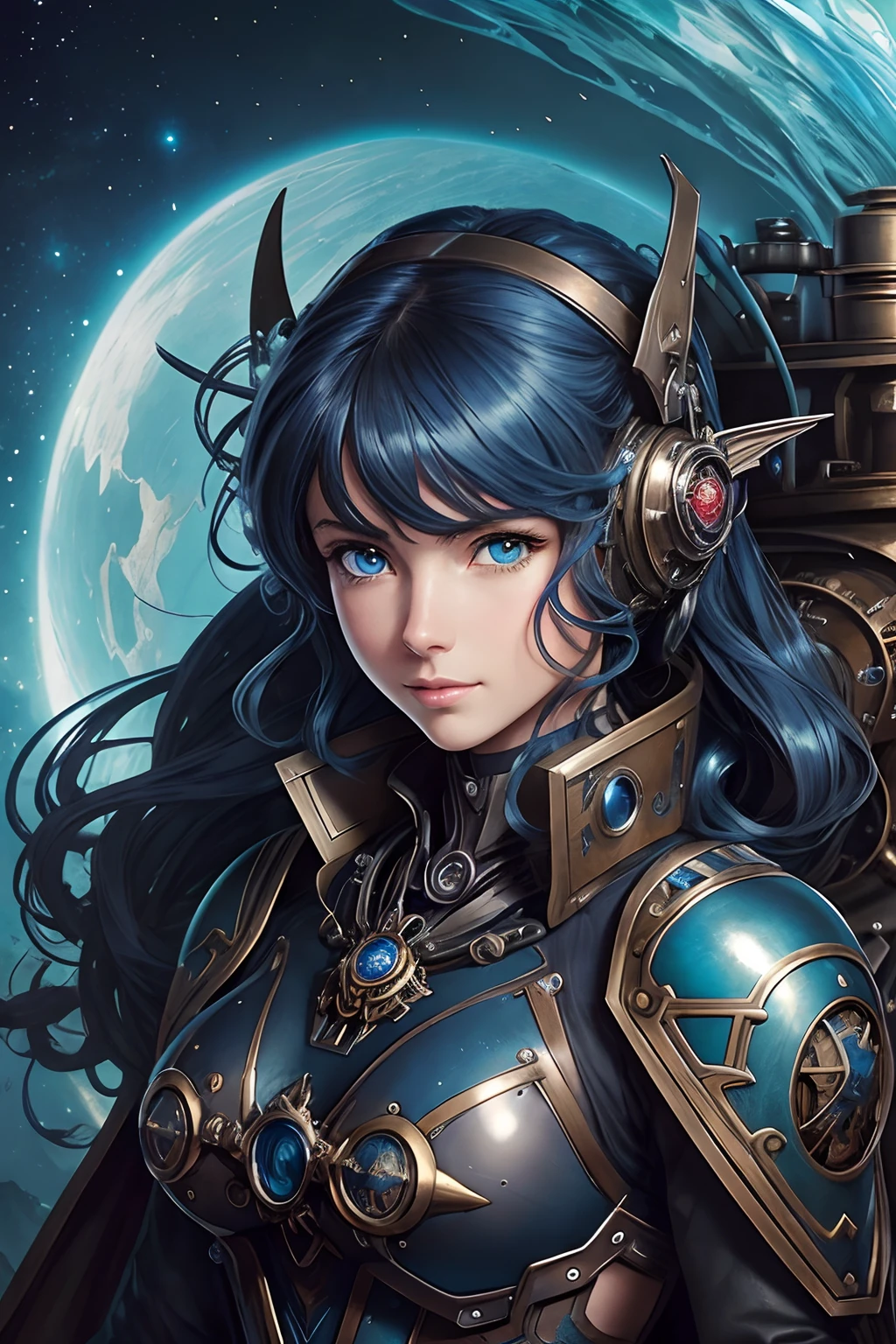 steampunk mecha anime elven pilot concept, detailed oil painting, masterpiece, distinct, high quality, hyper detail, (very beautiful girl), blue sea glowing eyes, cute face, stars in hair, detailed portrait, wide angle, glowing, sharpness, Arthur Rackham, Ida Rentoul Outhwaite, Vilhelm Pedersen