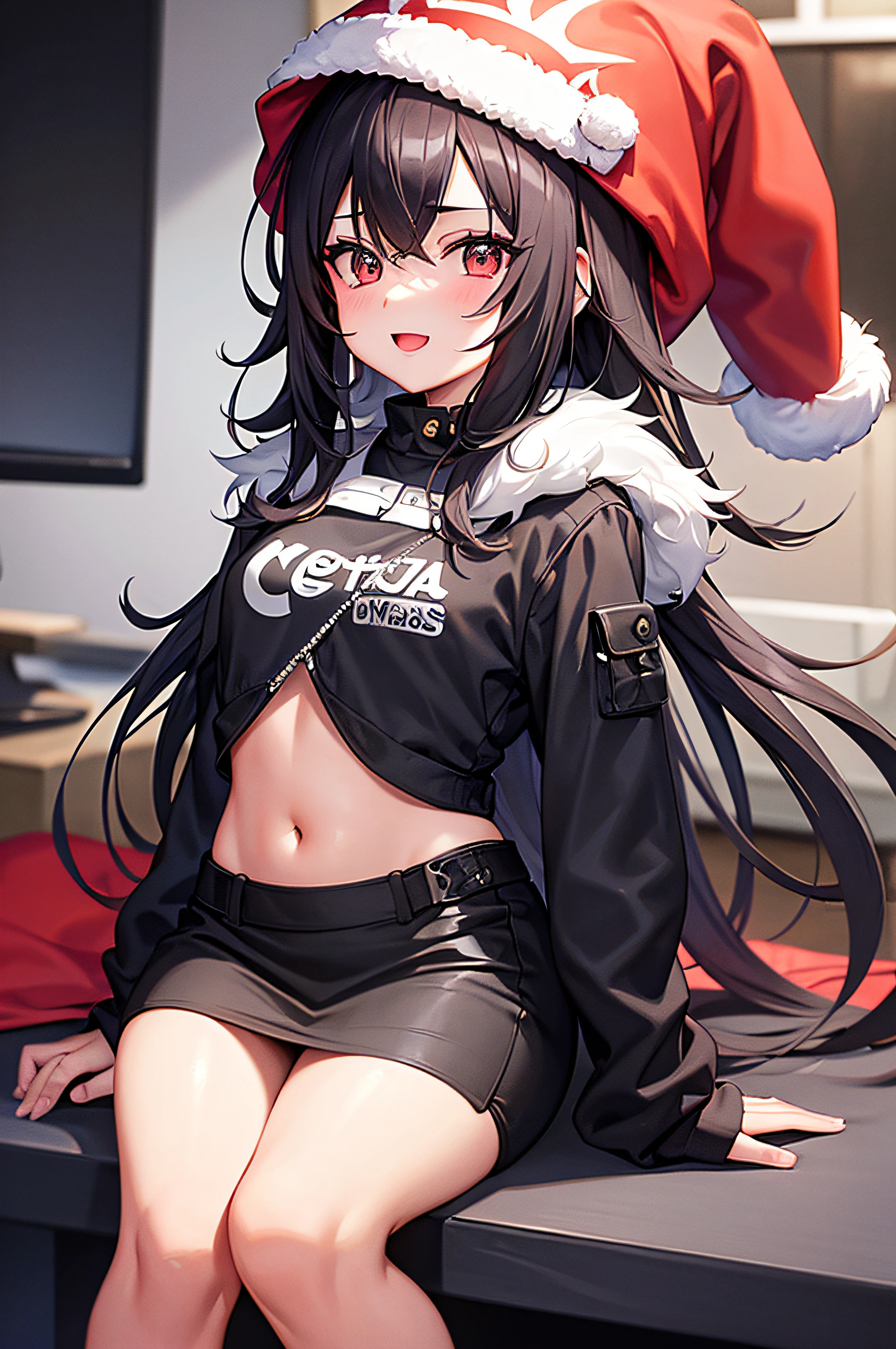 Chica gamer desnuda posando para una foto en un estudio, rasgos atractivos, hermosa joven, Sexy girl with long black hair with a Christmas cap, Mujer joven con cabello ondulado, Cabello largo y ojos grandes, Linda modelo femenina, ojos grandes, sonriente, sentada en silla gamer, lencera roja
