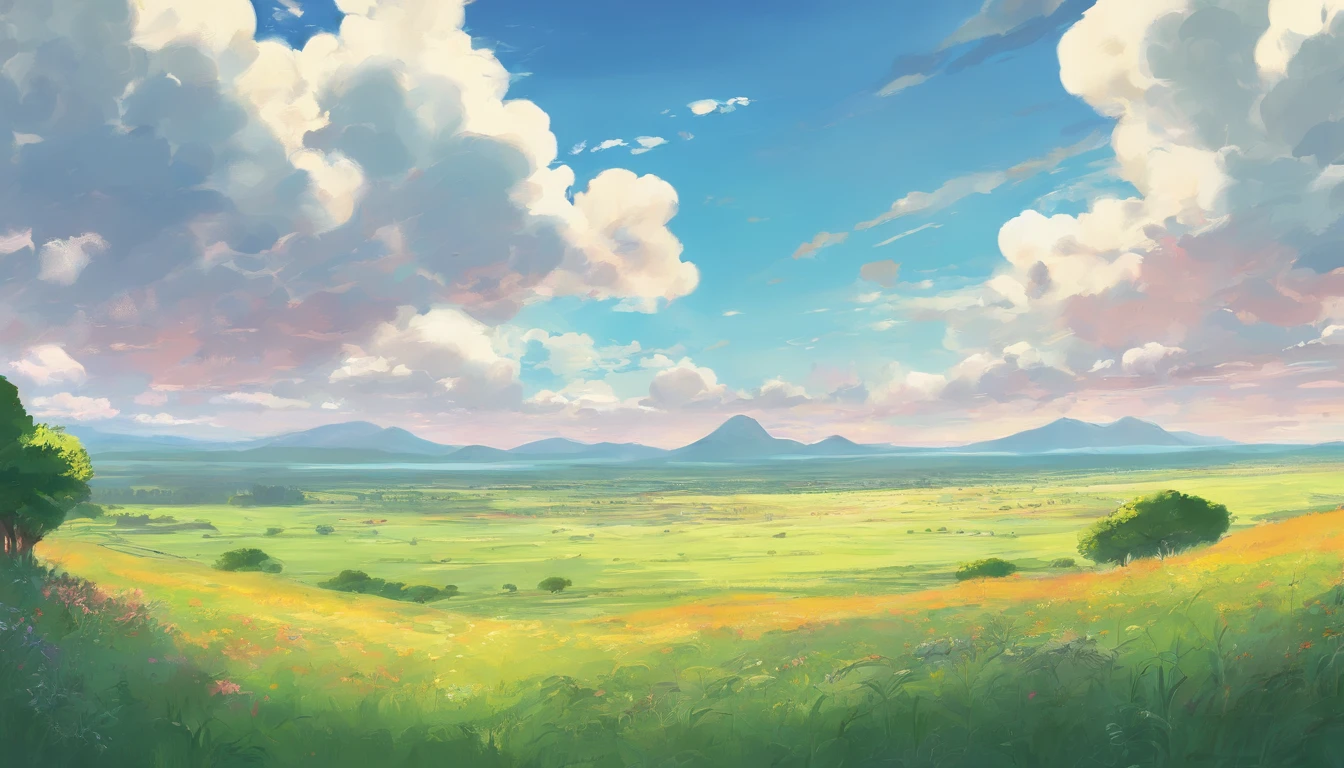 Realistic, authentic, beautiful and amazing landscape oil painting Studio Ghibli Hayao Miyazaki's petal grassland with blue sky and white clouds --v6
