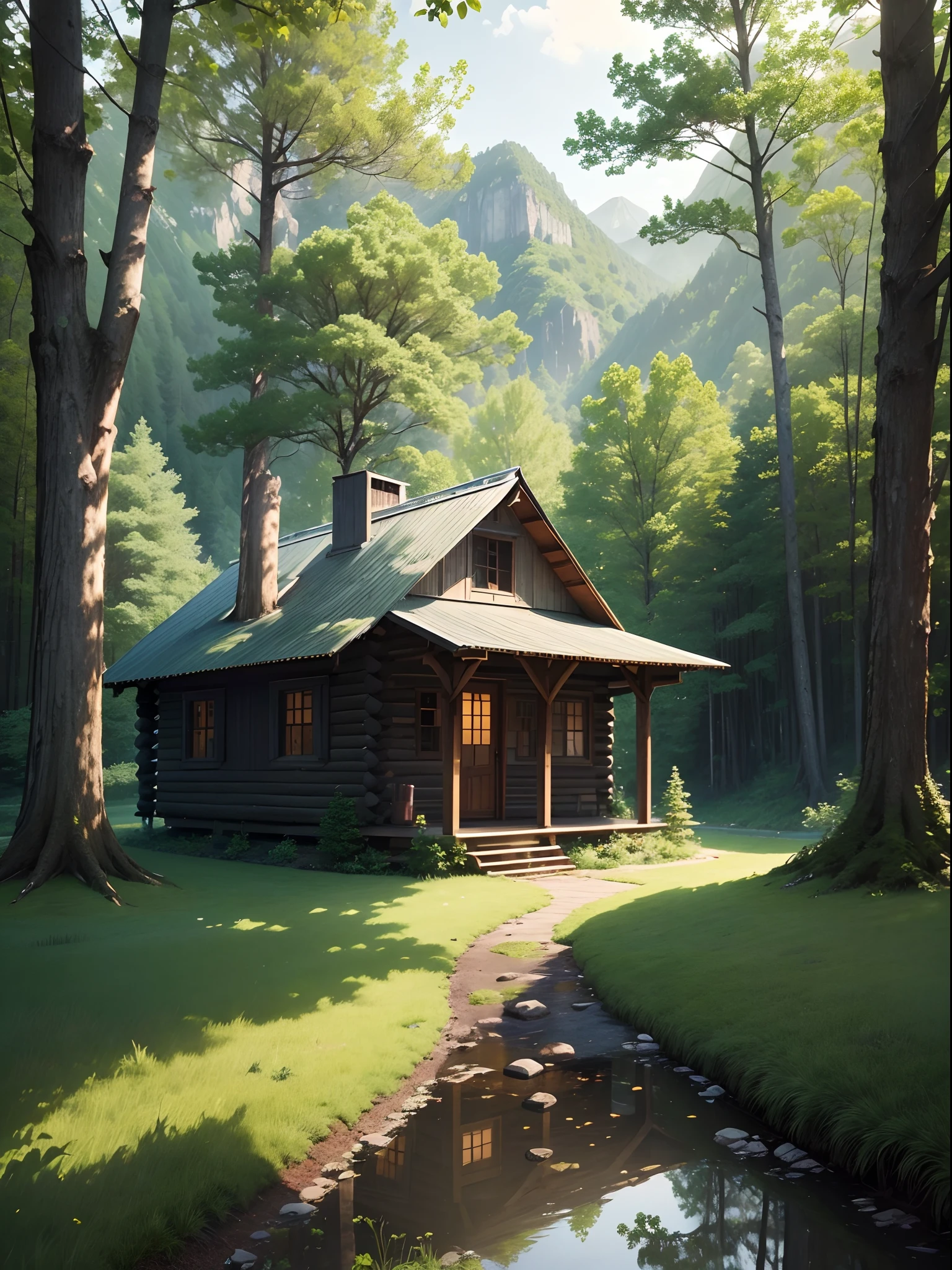 A masterpiece, the best quality, stunning reflections, the best reflections ever. (very detailed CG unity 8k wallpapers), (best quality), (best illustrations), (best shadows), 
A person wearing a black hat with a white band is sitting on top of a hill, looking out at the beautiful landscape in front of them. The sun is shining brightly and the sky is clear blue. In the foreground, there are lush green grasses and trees with bright green leaves. Further away, there is an old log cabin nestled among more trees and shrubs. The person looks peaceful as they take in this stunning view of nature around them.