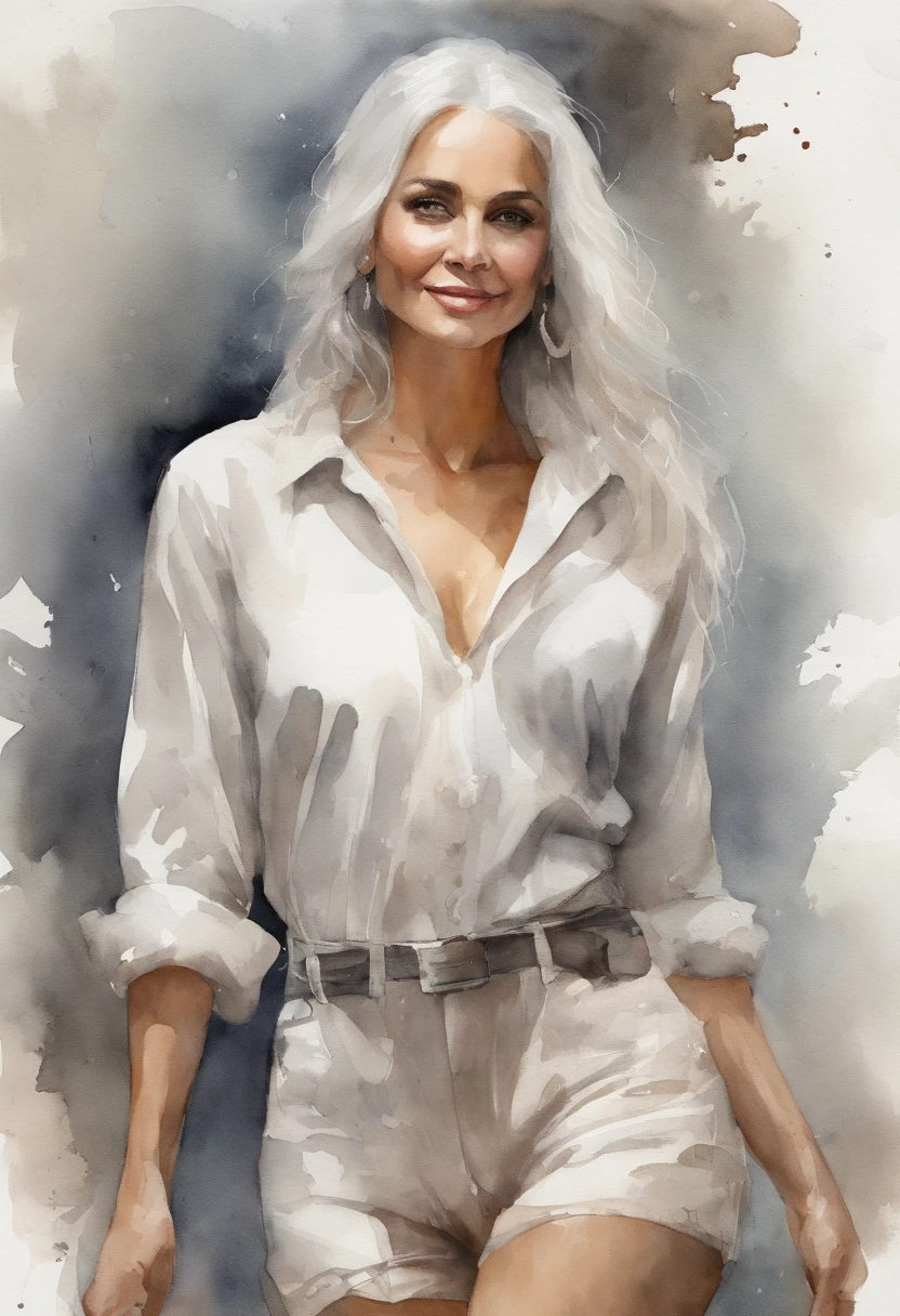 best quality, highres, ultra-detailed, realistic:1.37, white-silver hair, suspender, topless, full body view, panties, cinematic style, golden section, slight smile, collage