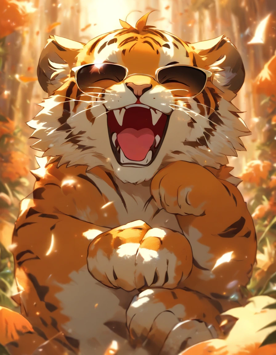 a sence of awe and wonder, a small humanoid tiger cub yawning, ((yawning:1)) (((wearing cool sunglasses:1.6))), mouth wide open , teary eyes, beautiful nature , warm colors, magical , butterflies in the background , fantasy style rendering