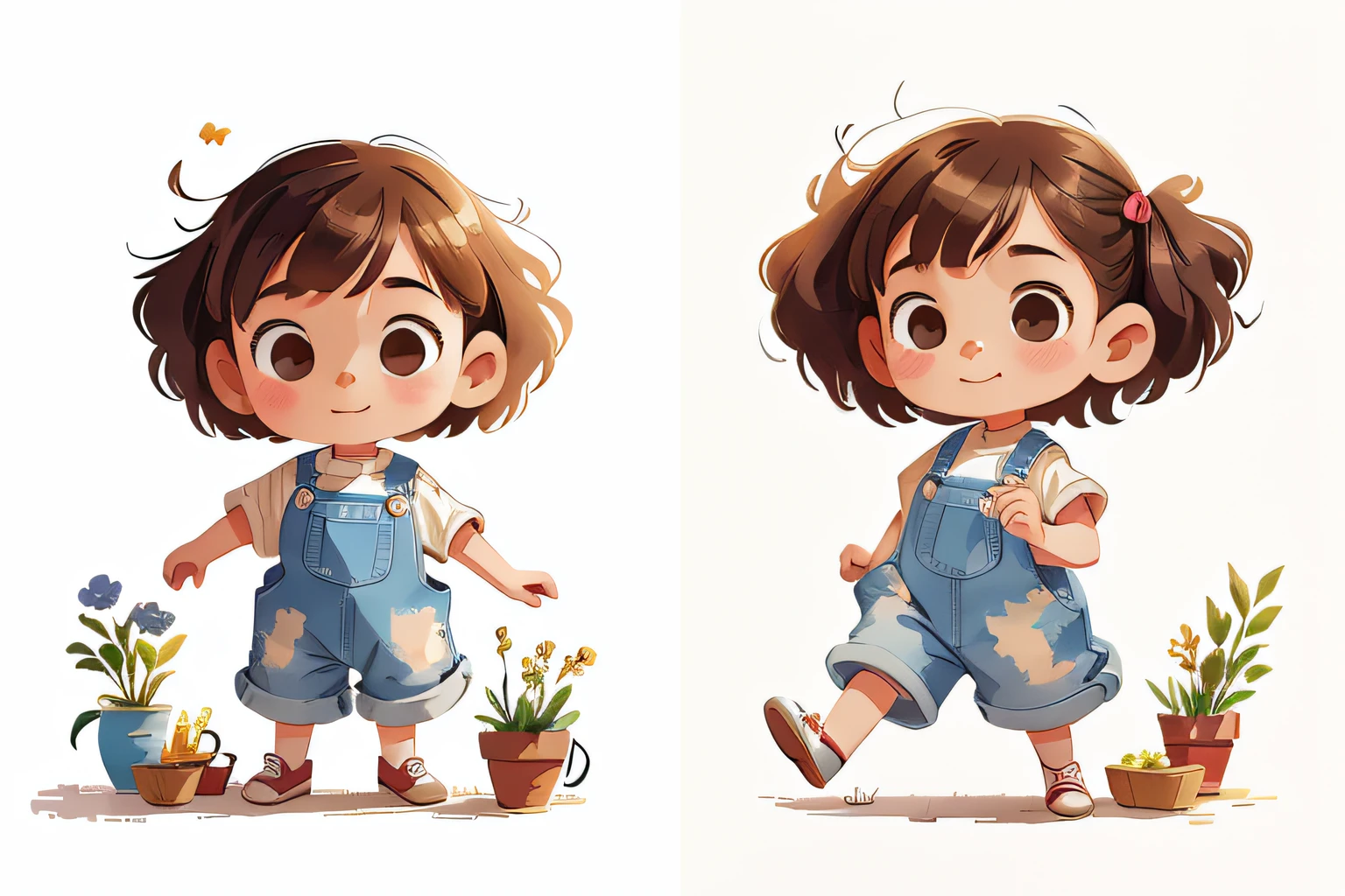 girl, , watercolor, cute, character in different positions, front, side, back, full body. The overall style is a mix of traditional painting and realistic elements, creating a visually stunning masterpiece.