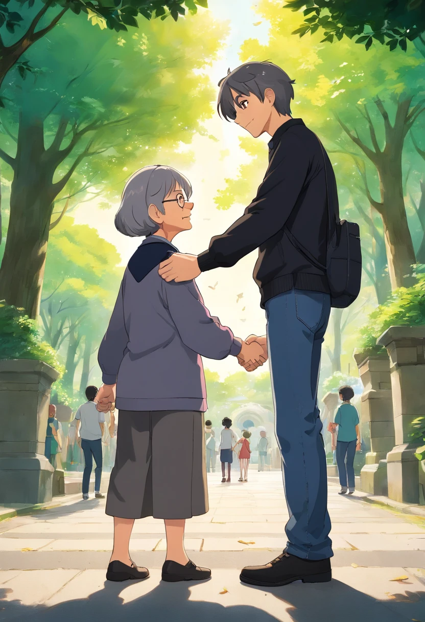 An old woman wearing a black and gray uniform, looking grateful, shaking hands with a young man. The young man is wearing a black t-shirt and jeans, and has black hair. They are standing in a park, with sunlight filtering through the trees. The camera captures a long shot of this heartwarming moment.