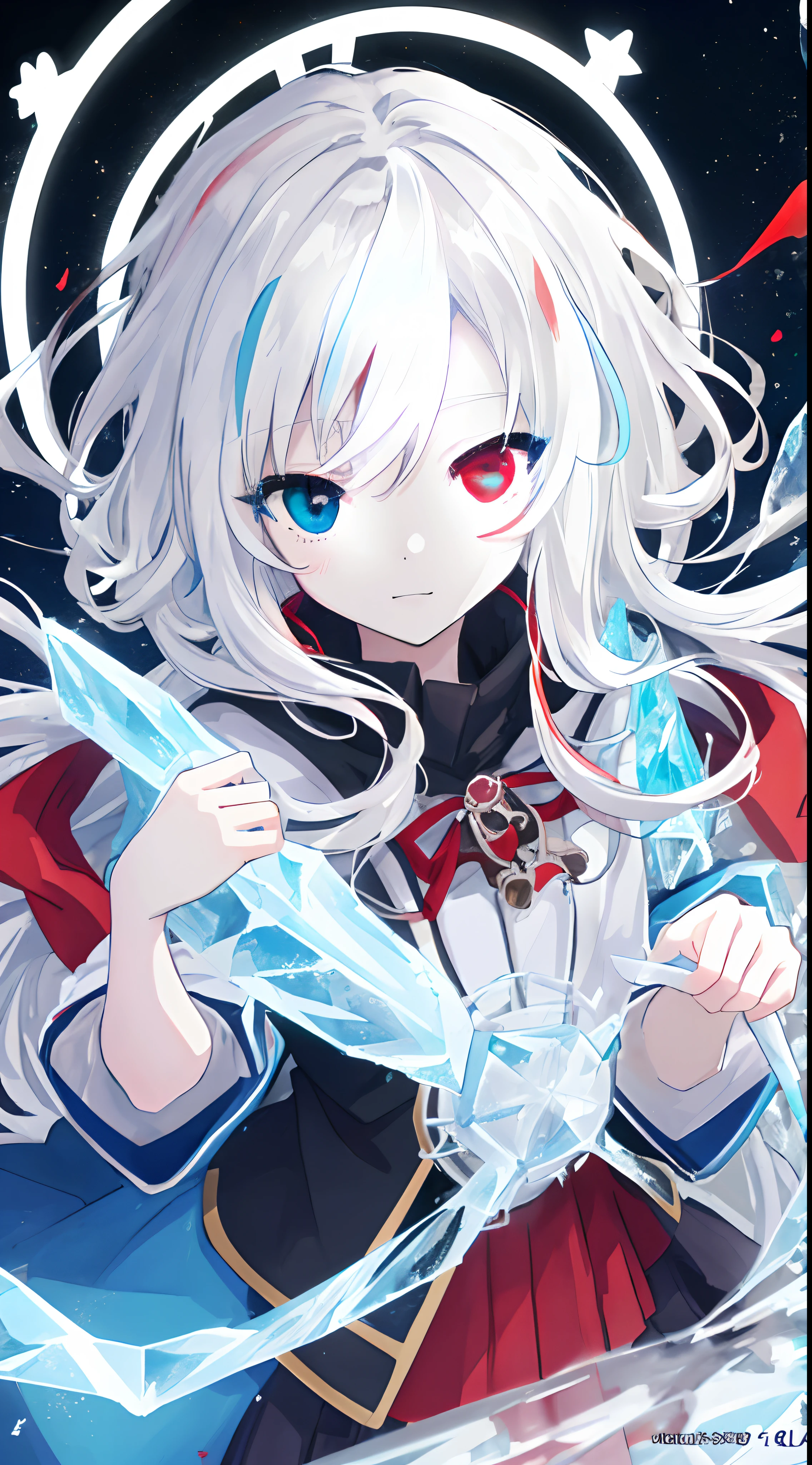 anime girl with long white hair holding a ice sword, ice magic circle, best anime 4k konachan wallpaper, white haired deity, art, anime art wallpaper 8 k, anime style 4 k, ufotable art style, detailed anime art, anime art wallpaper 4 k, anime art wallpaper 4k, white haired, anime wallaper, (((heterochromia, blue and red eyes)))