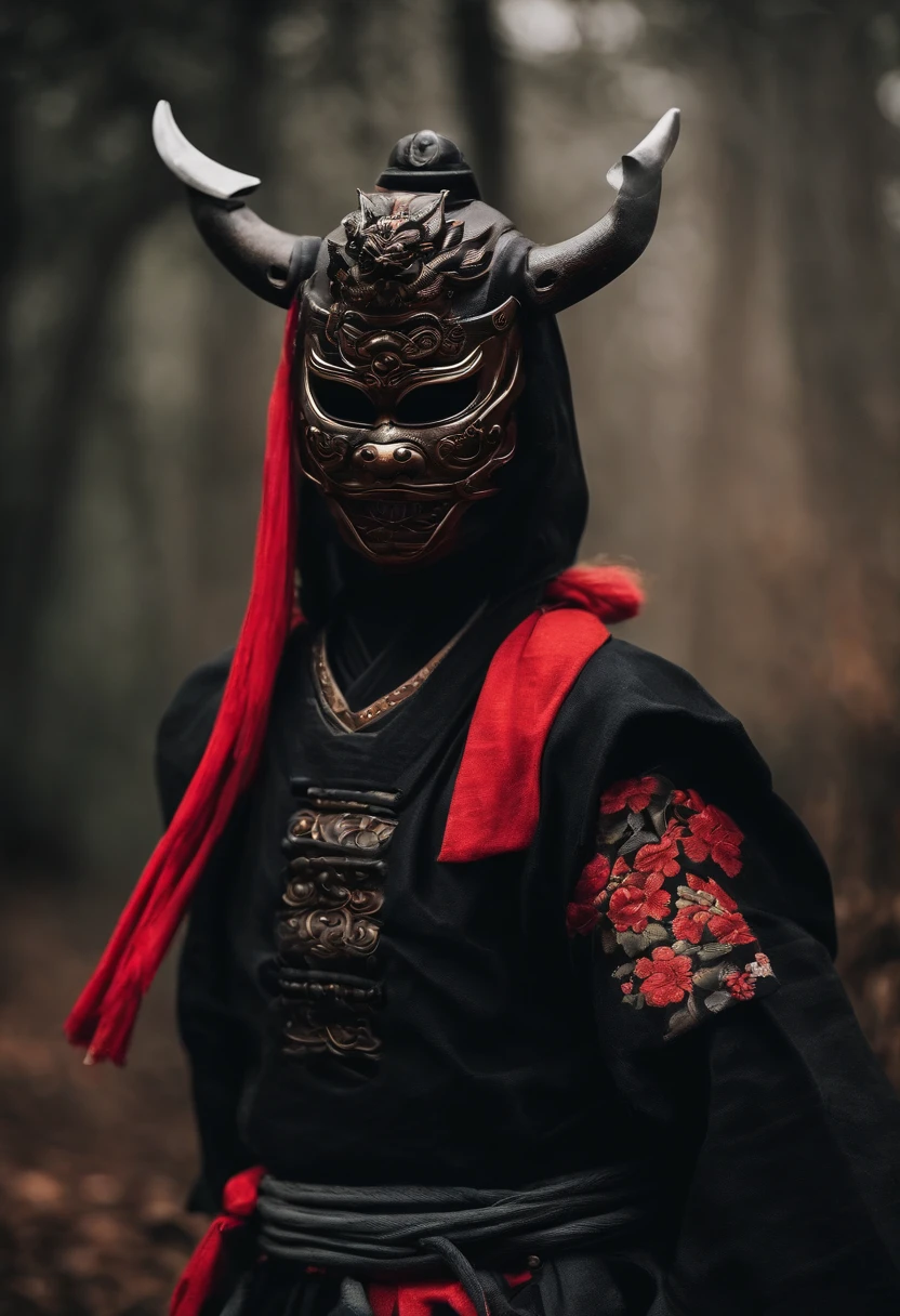 a ninja with a Japanese oni mask, com uma roupa preta, menacingly
