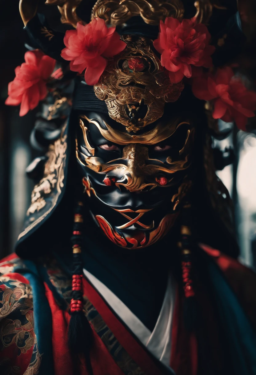 a ninja with a Japanese oni mask, com uma roupa preta, menacingly