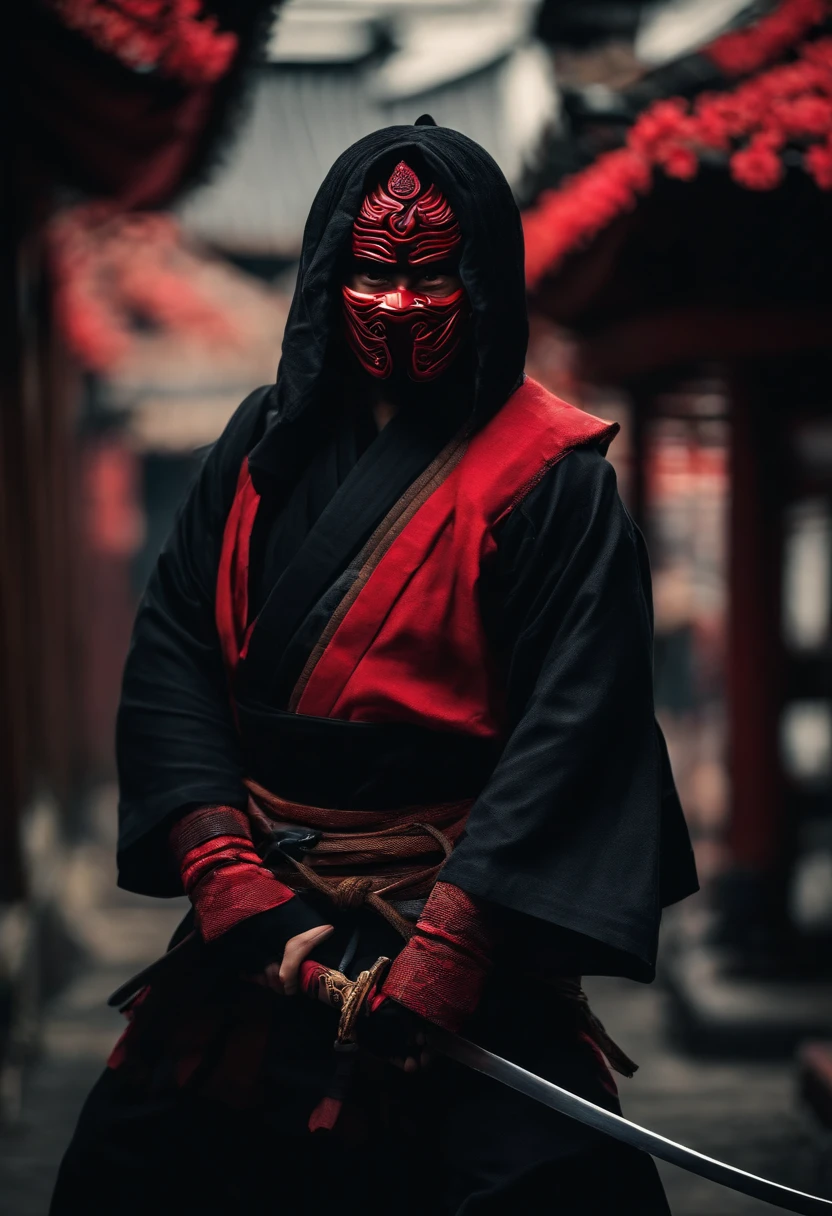 a ninja with a Japanese oni mask, com uma roupa preta, menacingly