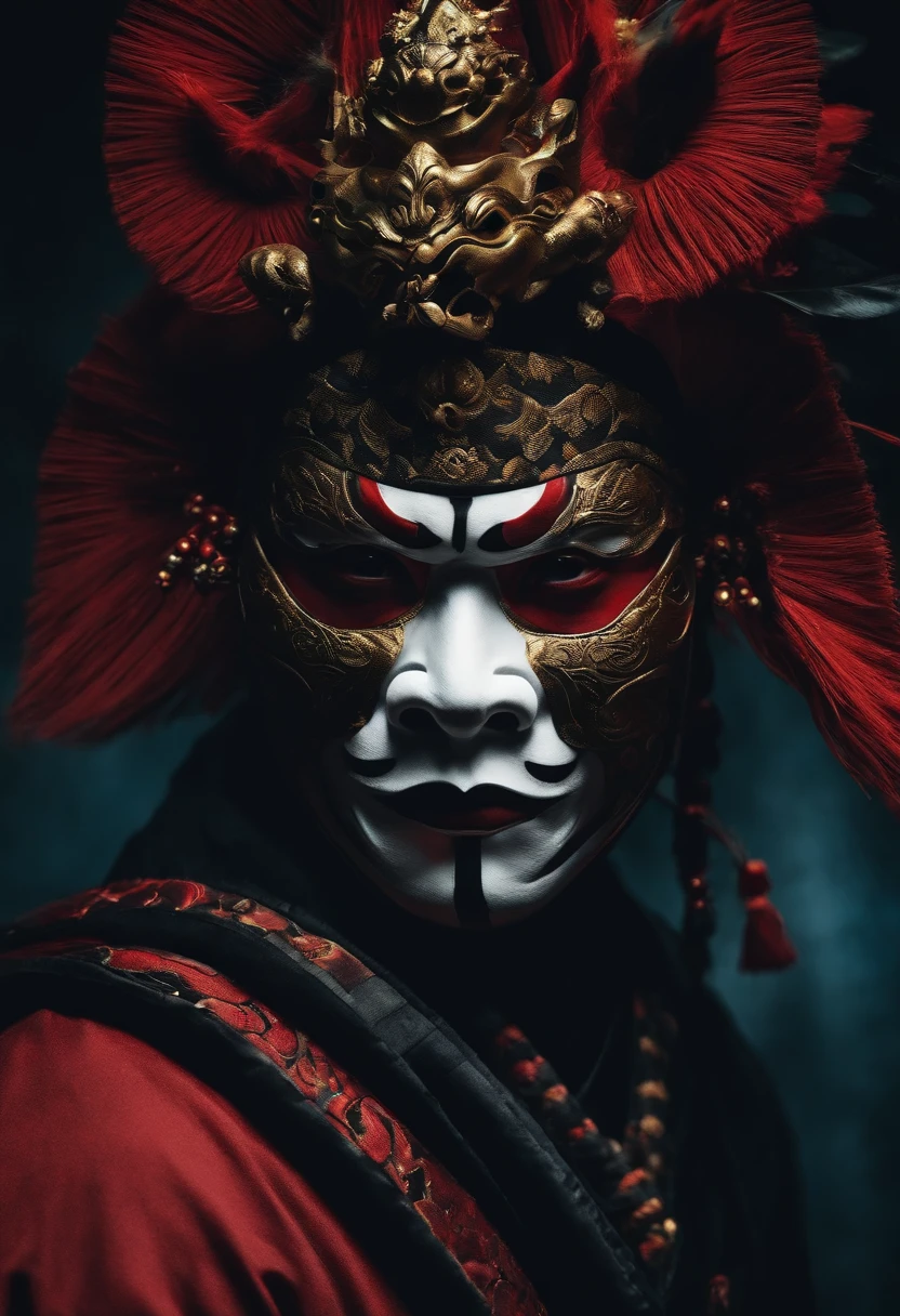 a ninja with a Japanese oni mask, com uma roupa preta, menacingly