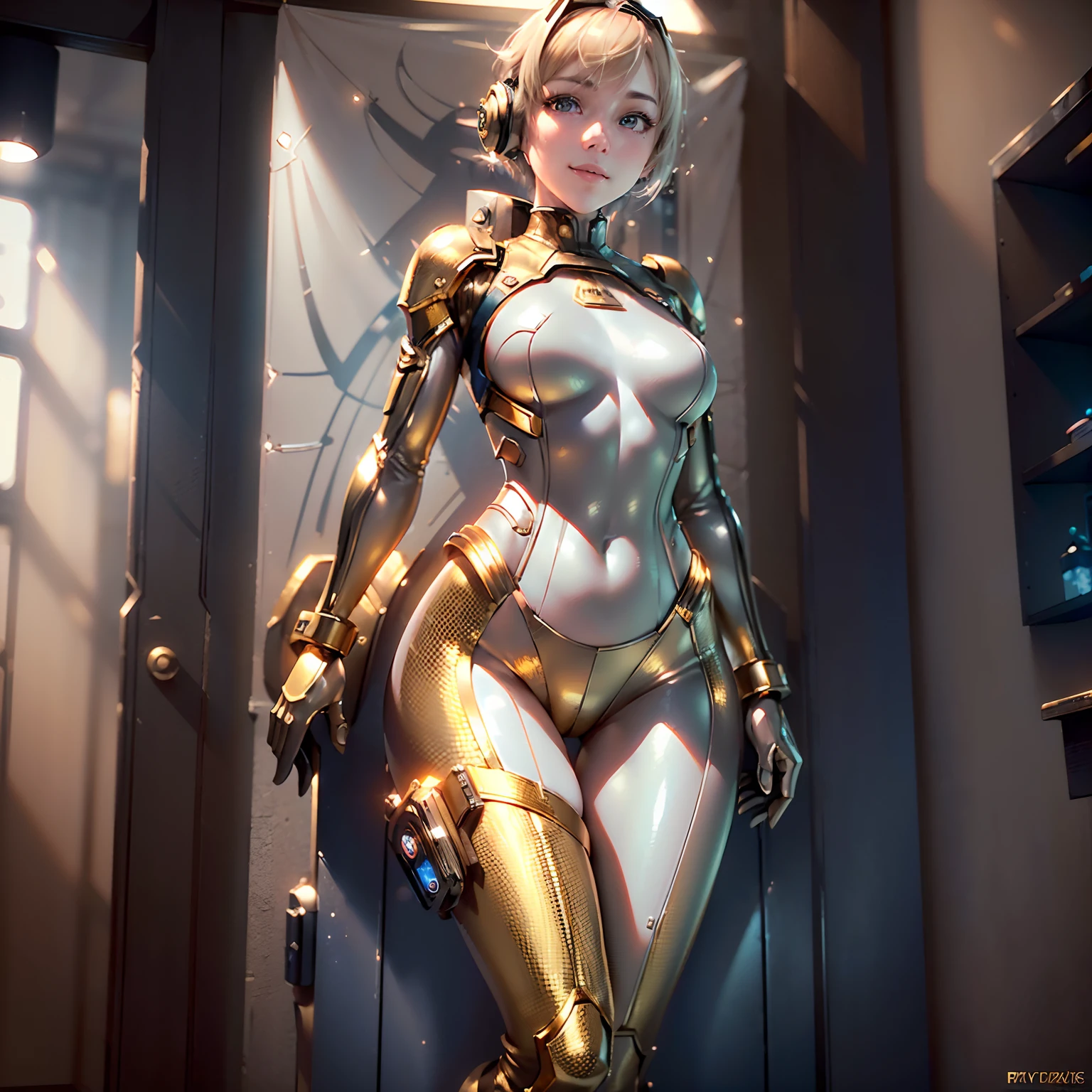 (Masterpiece, highest quality, highest resolution, distinct_image, very elaborate CG, cinematic lighting, ray tracing, drop shadows, detailed detail, (photorealistic: 1.4), high quality textures, fine-grained, realistic face expression): (single girl, face is Japan, blonde girl, short hair, small size breasts, Detailed Guardian with sparkly blue colored eyes, eye level shots, metallic gold colored flight suits, tight fitting clothes, full-body covering clothes, light smile, beauty, slim body, exoskeleton, heroine, headset, long boots, gloves, solo ride)