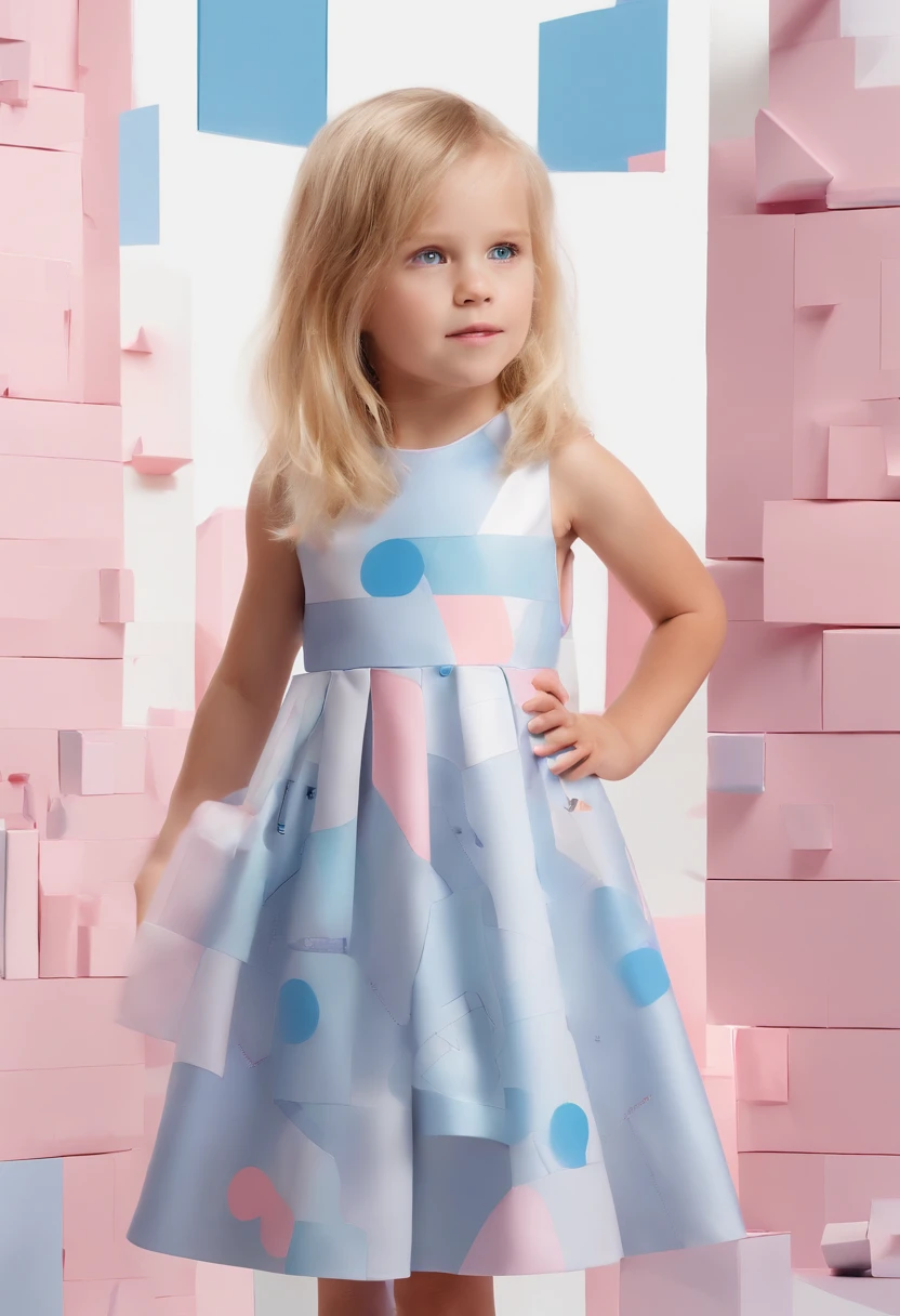 A  daughter with light blonde hair and light grey eyes wearing a pink and blue popcorn dress