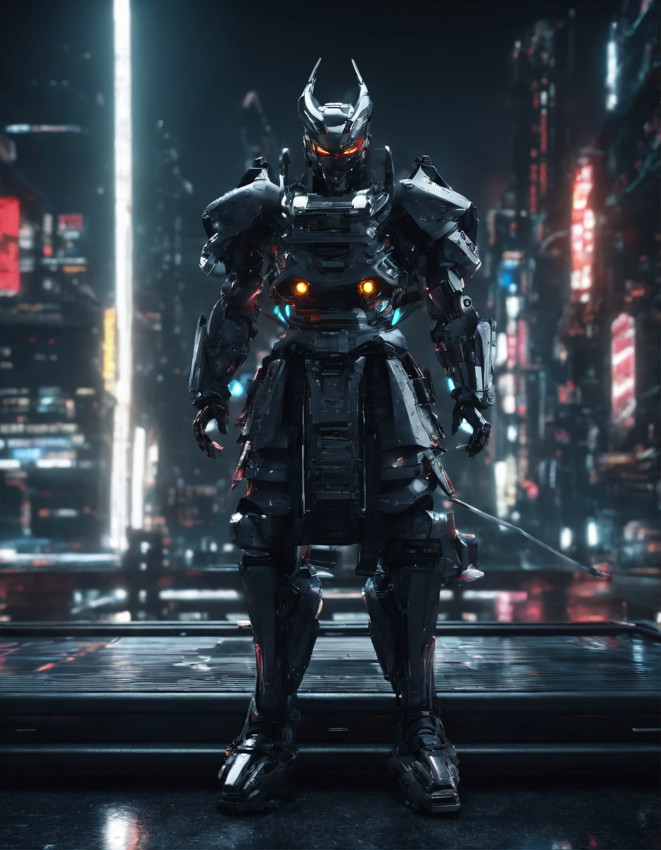 brutal robotic armor, ((samurai)), best quality, , ((extremely detailed)), 8k, high quality, cinematic, hyper realistic, ray tracing, hdr, dynamic perspective, deep depth of field, (3D model, full body, standing solo, dynamic pose, stickers, stylized paint scheme, leds, japanese tech, cyberpunk rooftop background at night), (nighttime), (hdri:0.35, bloom:0.25, rim lighting, soft lighting, low key), dark theme:0.66, futobot confident,
