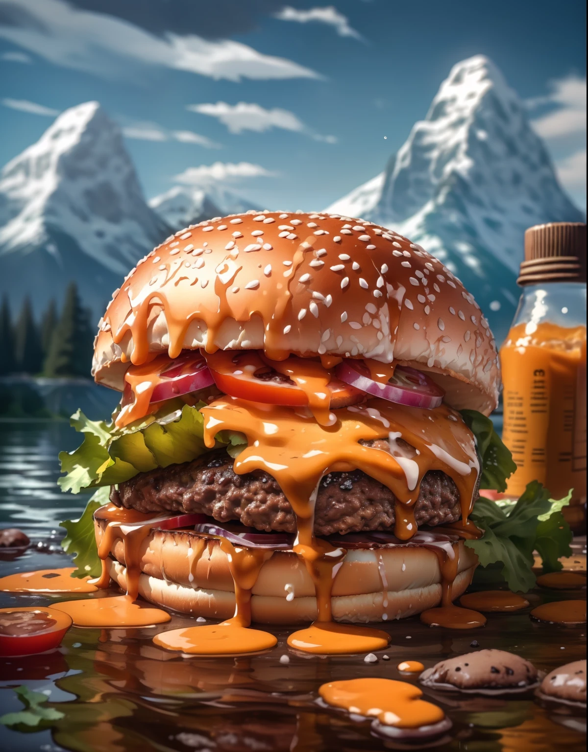 (masterpiece, top quality, best quality, beautiful and aesthetic:1.2), extremely detailed, highest detailed,humburger,burger photo,  white background, scenery, ink, mountains, water, trees