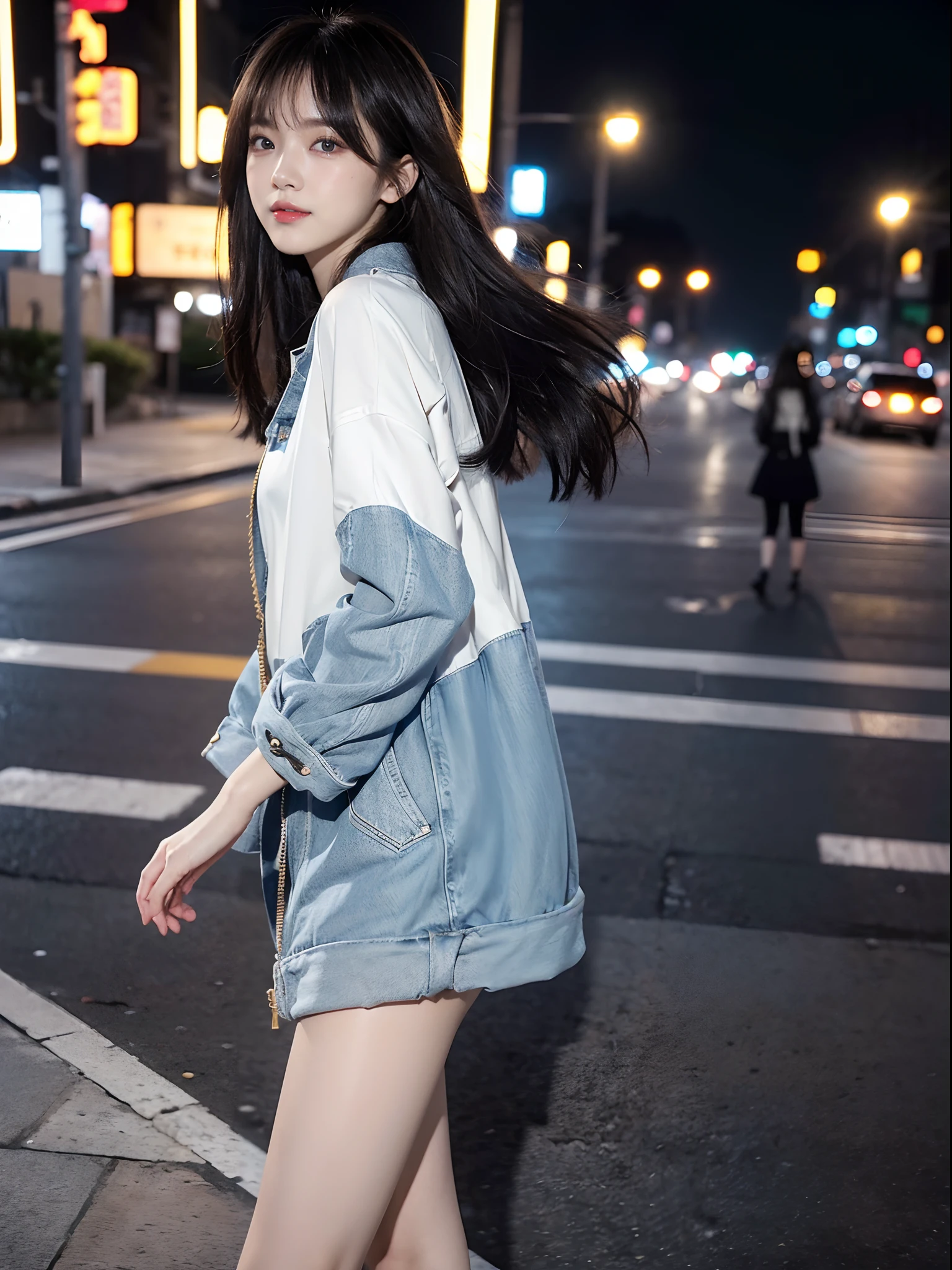 ((4K works))、masterpiece、(top-quality)、1 beutiful girl、Slim body、((Attractive clothes in black and white))、(Detailed beautiful eyes)、Walking together on the road at night、Face similar to Carly Rae Jepsen、((Boyish Gold Medium Hair))、((Smaller face))、((Neutral face))、((Light blue eyes))、((American Women))、((Adult female 26 years old))、((cool lady))、((A shy smile on his face))、((Korean Makeup))、((elongated and sharp eyes))、((Happy dating))、((boyish))、((She is walking in front of the viewer))、((Shot from the top of the face))、((Shot diagonally from the side))