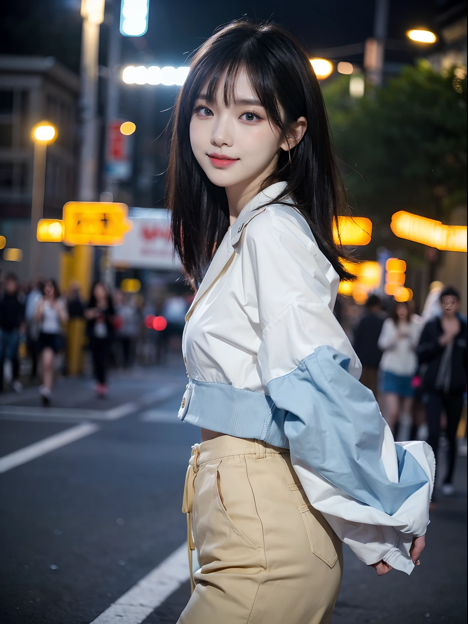 ((4K works))、masterpiece、(top-quality)、1 beutiful girl、Slim body、((Attractive clothes in black and white))、(Detailed beautiful eyes)、Walking together on the road at night、Face similar to Carly Rae Jepsen、((Boyish Gold Medium Hair))、((Smaller face))、((Neutral face))、((Light blue eyes))、((American Women))、((Adult female 26 years old))、((cool lady))、((A shy smile on his face))、((Korean Makeup))、((elongated and sharp eyes))、((Happy dating))、((boyish))、((She is walking in front of the viewer))、((Shot from the top of the face))、((Shot diagonally from the side))