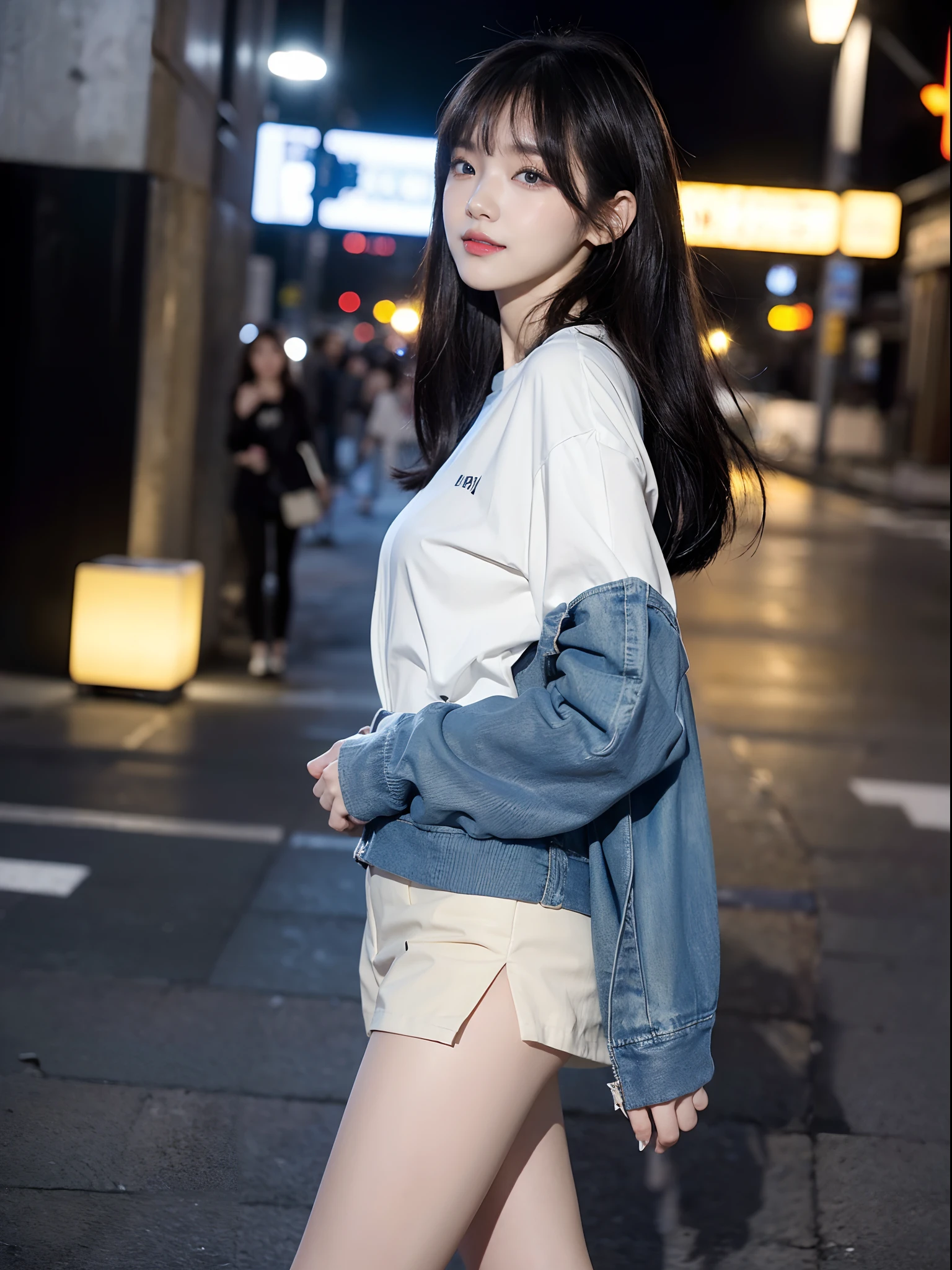 ((4K works))、masterpiece、(top-quality)、1 beutiful girl、Slim body、((Attractive clothes in black and white))、(Detailed beautiful eyes)、Walking together on the road at night、Face similar to Carly Rae Jepsen、((Boyish Gold Medium Hair))、((Smaller face))、((Neutral face))、((Light blue eyes))、((American Women))、((Adult female 26 years old))、((cool lady))、((A shy smile on his face))、((Korean Makeup))、((elongated and sharp eyes))、((Happy dating))、((boyish))、((She is walking in front of the viewer))、((Shot from the top of the face))、((Shot diagonally from the side))