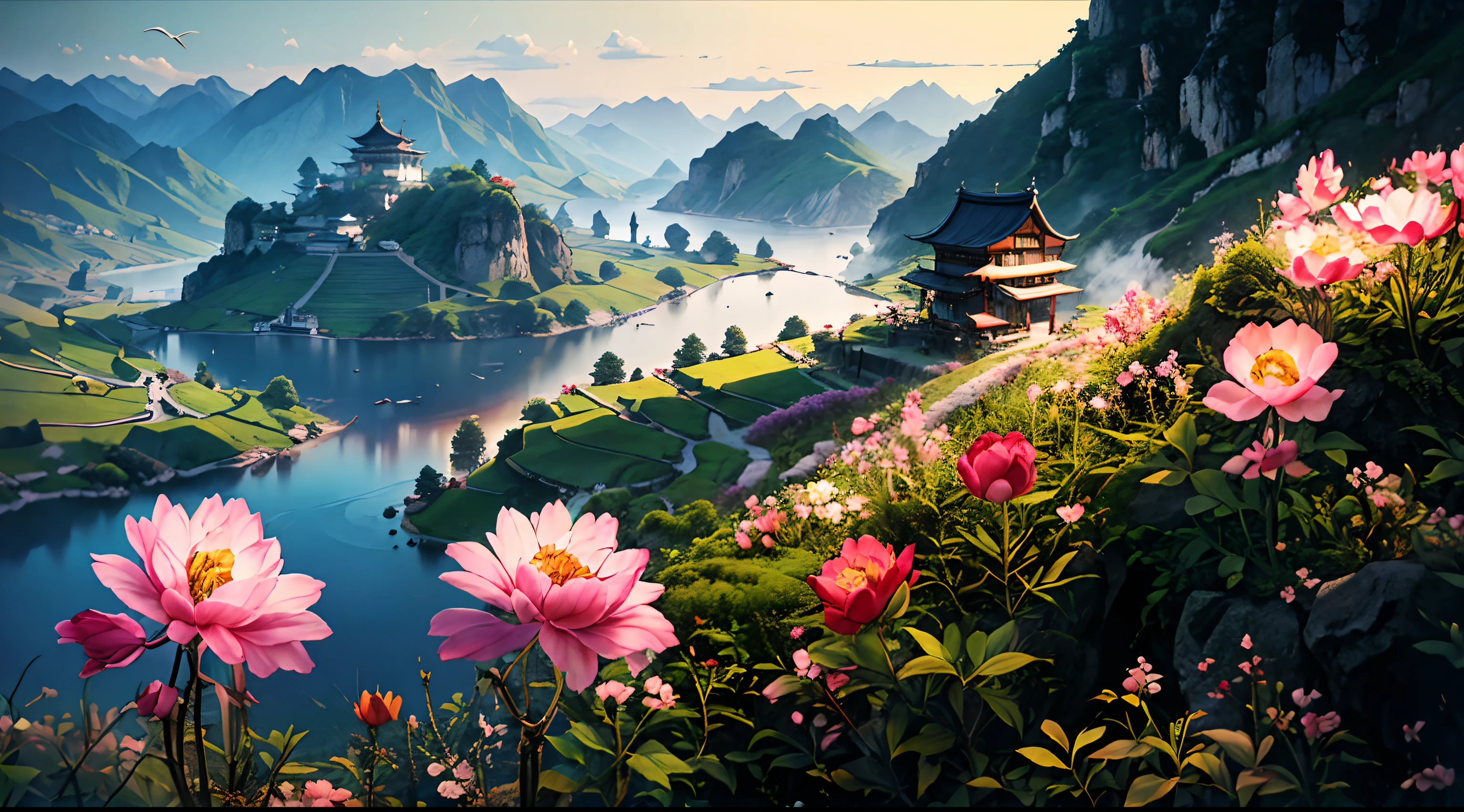Shiliping Lake, Ten miles of peach blossoms, Green Mountains and Green Water, wood bridges,tree house,White grass, fall foliage, Yellow flowers, There are fishing boats on the lake, There are people in the mountains, Cooking smoke, A landscape painting like a gossip map, Separated peach blossom source, Full picture decorated with pink peach blossoms, romanticism lain, Chiaroscuro, Cinematic lighting, Ray tracing, full bloom, in a panoramic view, Sideways, Ultra-wide angle, hyper HD, Masterpiece, ccurate, Super detail, High details, High quality, Award-Awarded, 8K