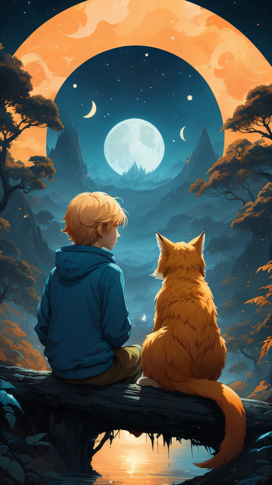 There was a boy and a fox sitting on a branch, ross tran and michael whelan, cyril rolando and goro fujita, Beeple and Jeremiah Ketner, Inspired by Cyril Rolando, cyril rolando and m.Kaluta, cyril rolando and m. Kaluta, edgar maxence and ross tran, calm evening. Digital illustration