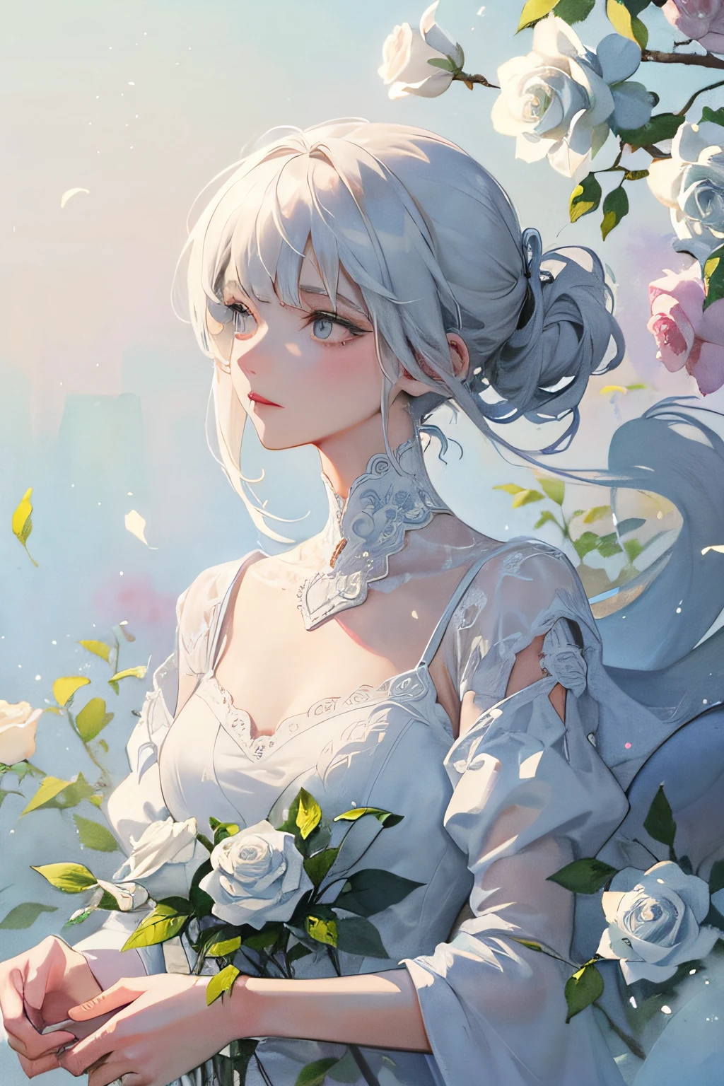 watercolor style, (white rose) digital art, official art, blown by the wind, masterpiece, beautiful, ((watercolor)), paint splatter, intricate detail. Great detail, Trending on Artstation, Rachel Walker