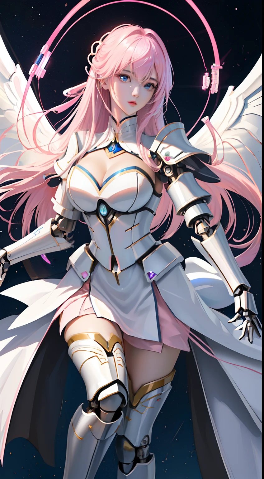 ((masutepiece)), ((top-quality), high quarity、ultra-definition, Realistic, (Ultra-fine face)、fulcolor 、(scientific fiction)、One Beautiful Robot Angel Woman、((Mechanical joints))、Parts of the machine、Thick wire joints、(White porcelain mechanical armor)、(Curvaceous face)、deadpan、Slim body、thin mouth、pink straight hair、((Electronic substrate))、Take photos from head to knee