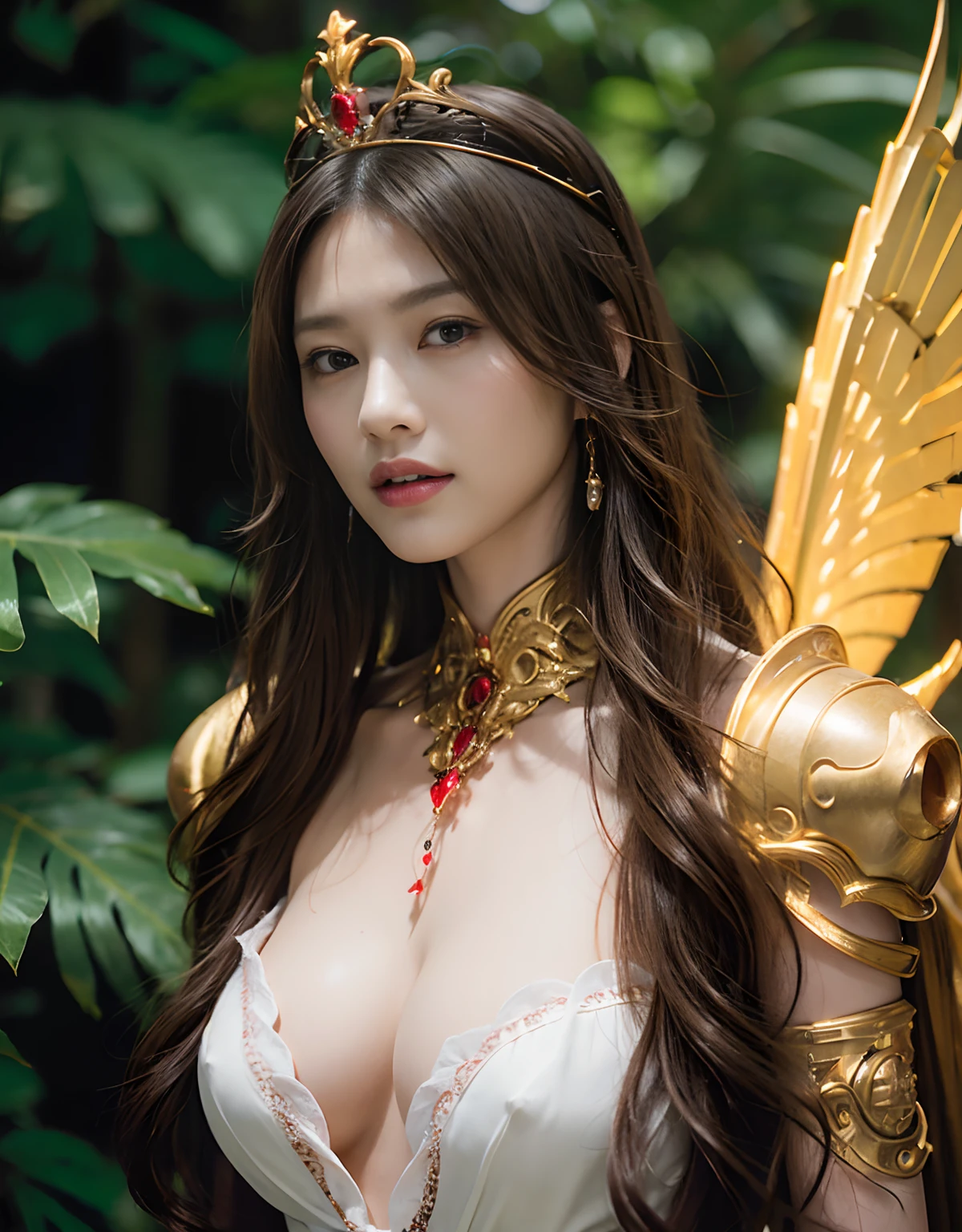 (1 Mechanical Girl)、top-quality、​masterpiece、超A high resolution、(Wearing a crown made of jewels),(Photorealsitic:1.4)、Raw photo、女の子1人、Golden hair、glowy skin、(((1 Mechanical Girl)))、（Gujas Jewelry Necklace）、（White ghost flies）、（Fight big dragons）、With a beautiful knife、（Metal bodysuit）、(beautiful forest background)、Precipitous cliffs、(Small LED)、((super realistic details))、portlate、globalillumination、Shadow、octan render、（One-Eyed Scouter）、8K、ultrasharp、Colossal tits、Raw skin is exposed in cleavage、metals、Details of complex ornaments、Japan details、highly intricate detail、Realistic light、CGSoation Trends、Red Eyes、radiant eyes、Facing the camera、neon details、(Mechanical limbs)、(blood vessels connected to tubes)、Mechanical vertebrae attached to the back、mechanical cervical attaching to neck、(Wires and cables connecting to the head)、Gundam、Small LED、,Mechanical thighs、Toostock、（Hands are also made of machines）、（veils）、