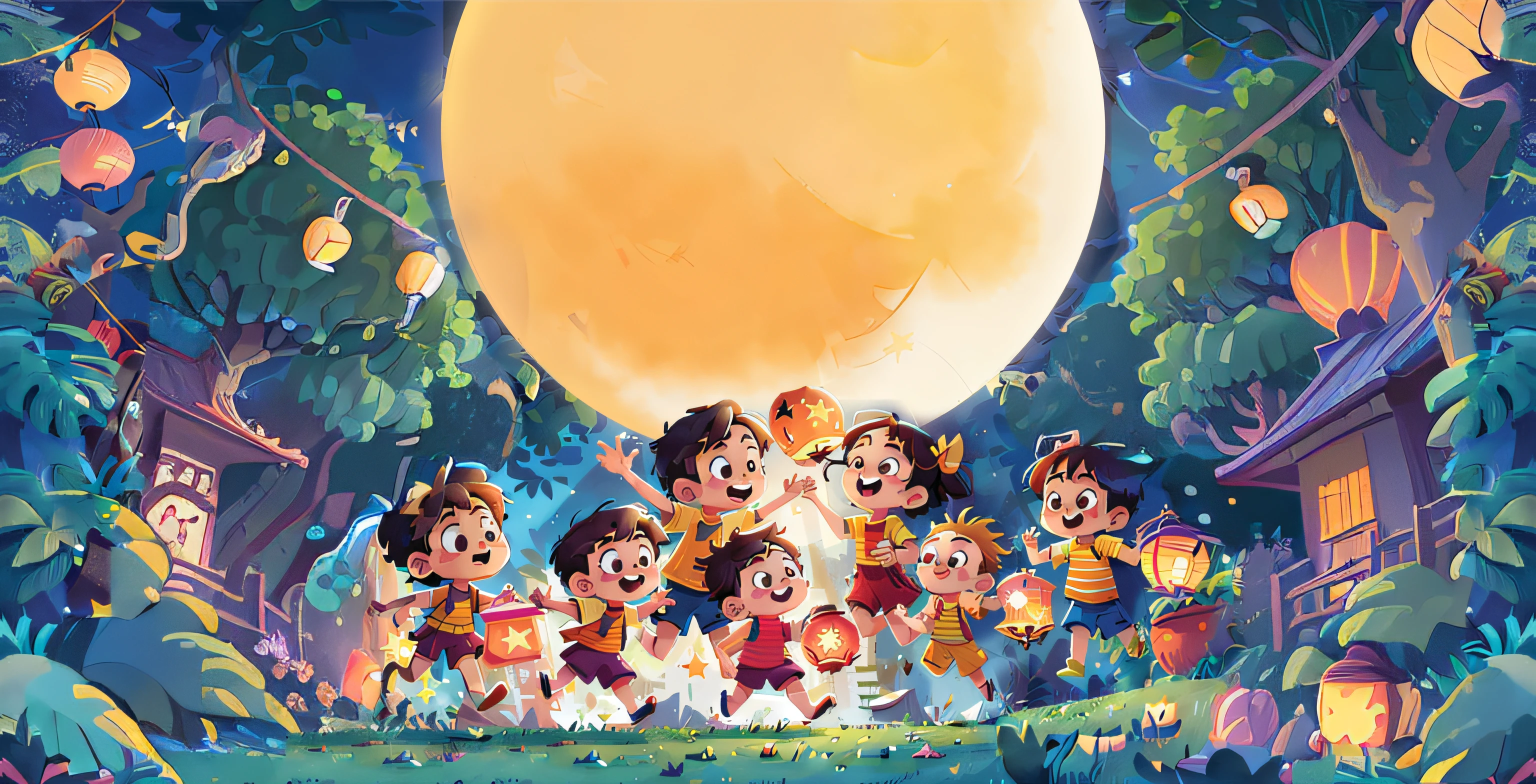 Poster design, (SFW), a group children boy and girl are jumping high forward together with children are holding star lanterns, lion lanterns, fish lanterns on their hand in dark sky with yellow moon, the banyan tree on the Moon, fine facial features, asia children, summer, mid-autumn festival, moon festival, star lantern, carp lanterns, yellow moon at midnight, happy, plants, perfect quality, clear focus, colorful, perfect face, smile face, body jump, jumping childern, intricate details, ultra low viewing angle, wide angle lens, low angle, low camera, lanterns on hand, childrens illustration, children illustration, cute artwork, kids book illustration, inspired by Anton Fadeev, illutstration, artistic illustration, promotional art, having good time, moontime, Best quality, masterpiece, ultra-high resolution, clean facial features, graphic design, facing the viewer, night, lanterns on hand, children jumping foward, Dragon dance and Lion dance,