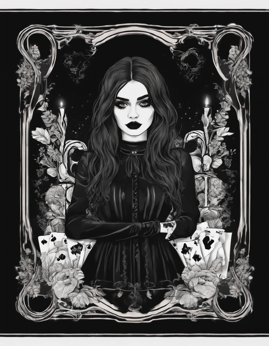 /imagine prompt: goth girl, playing card style illustration on front with black background sticker, Bold outline style, Jagged edges, Trash core, Light Shadow --V 5.2