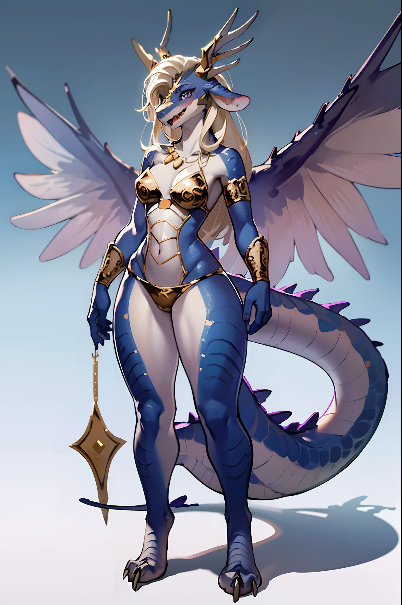 saffira, scalie, female anthro, dragon girl, bikini armor, standing, portrait, tranquil, solo, (best quality), portrait background, medium breasts, dramatic lighting, (detailed scales:1.1), looking at viewer, tail, open mouth, wings, armlet, (bracer:1.1), necklace, standing, full body, feet