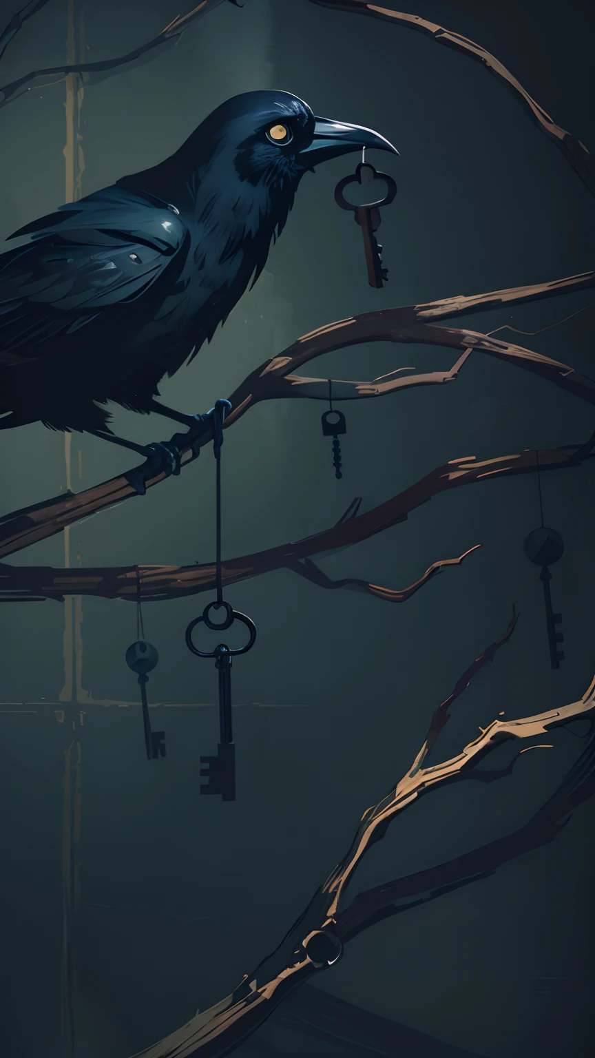 Poster with style of the movie Coraline and the book a crow perched among the branches of a dead tree, the branches of the tree are with chains containing Keys
