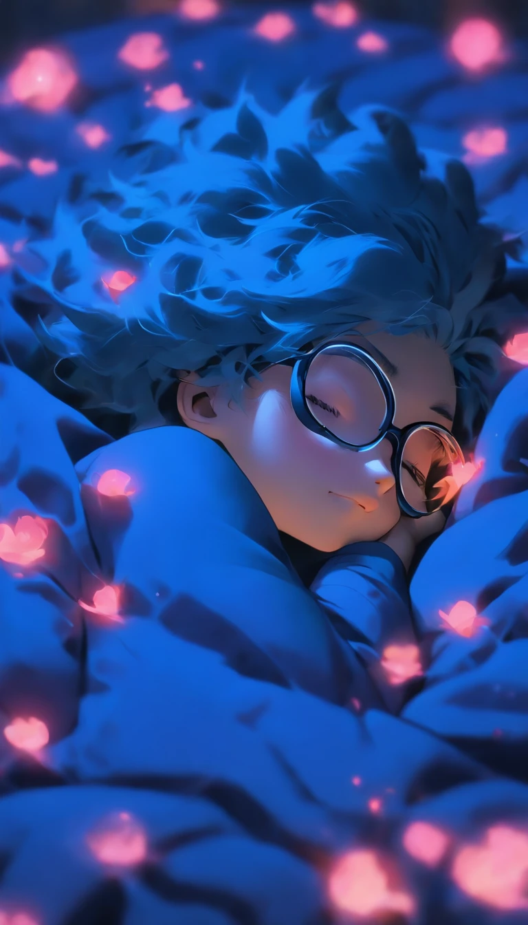 a one-character girl with short, neck-length blue hair, round glasses, nipples, and a black rock shirt. big breasts and big ass, it is covered by a black blanket. She is sleeping lying on a bed.