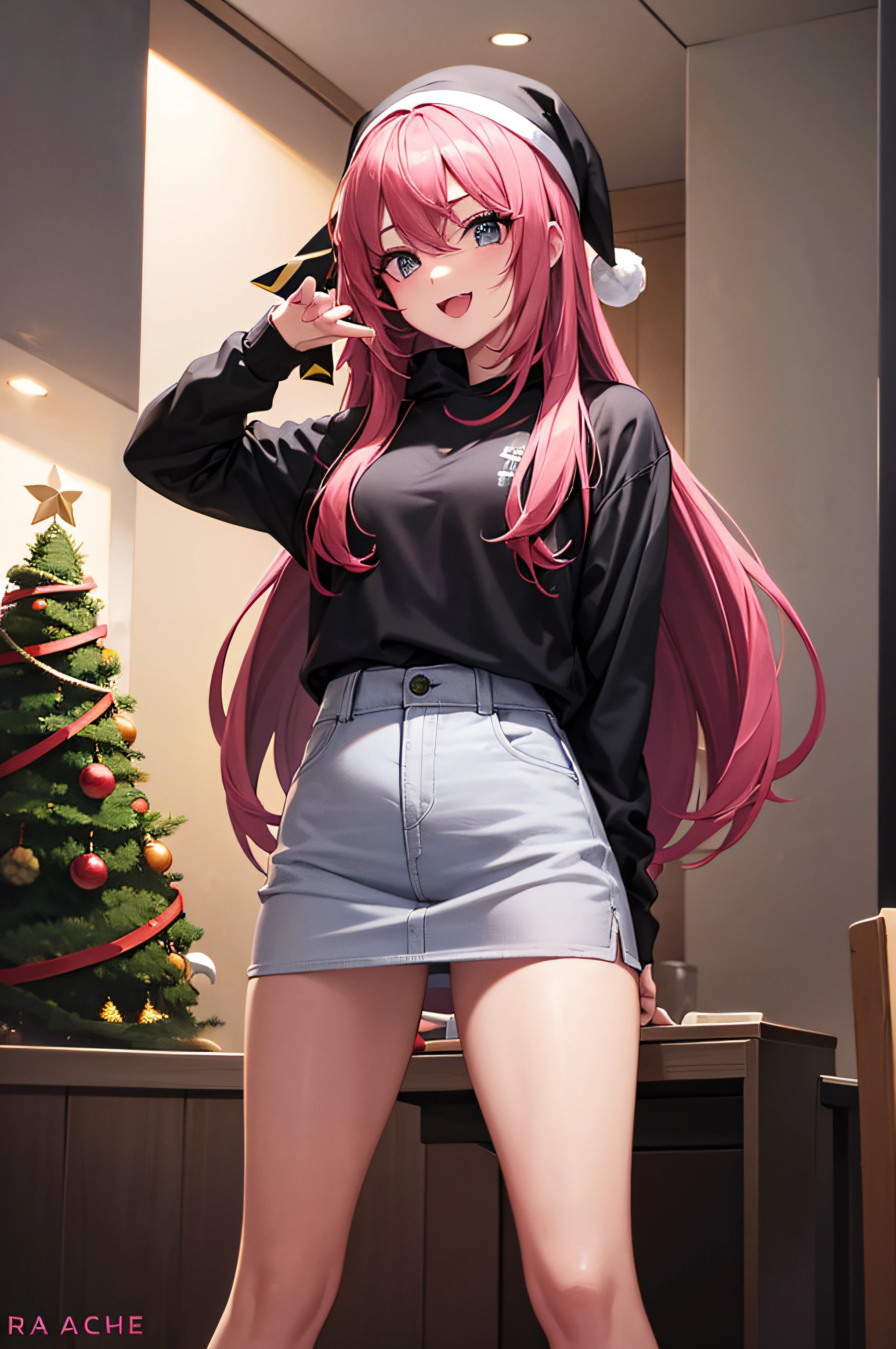 Chica gamer desnuda posando para una foto en un estudio, rasgos atractivos, hermosa joven, Sexy girl with long pink hair with a Christmas cap, Mujer joven con cabello ondulado, Cabello largo y ojos grandes, Linda modelo femenina, ojos grandes, sonriente, sentada en silla gamer, lencera roja