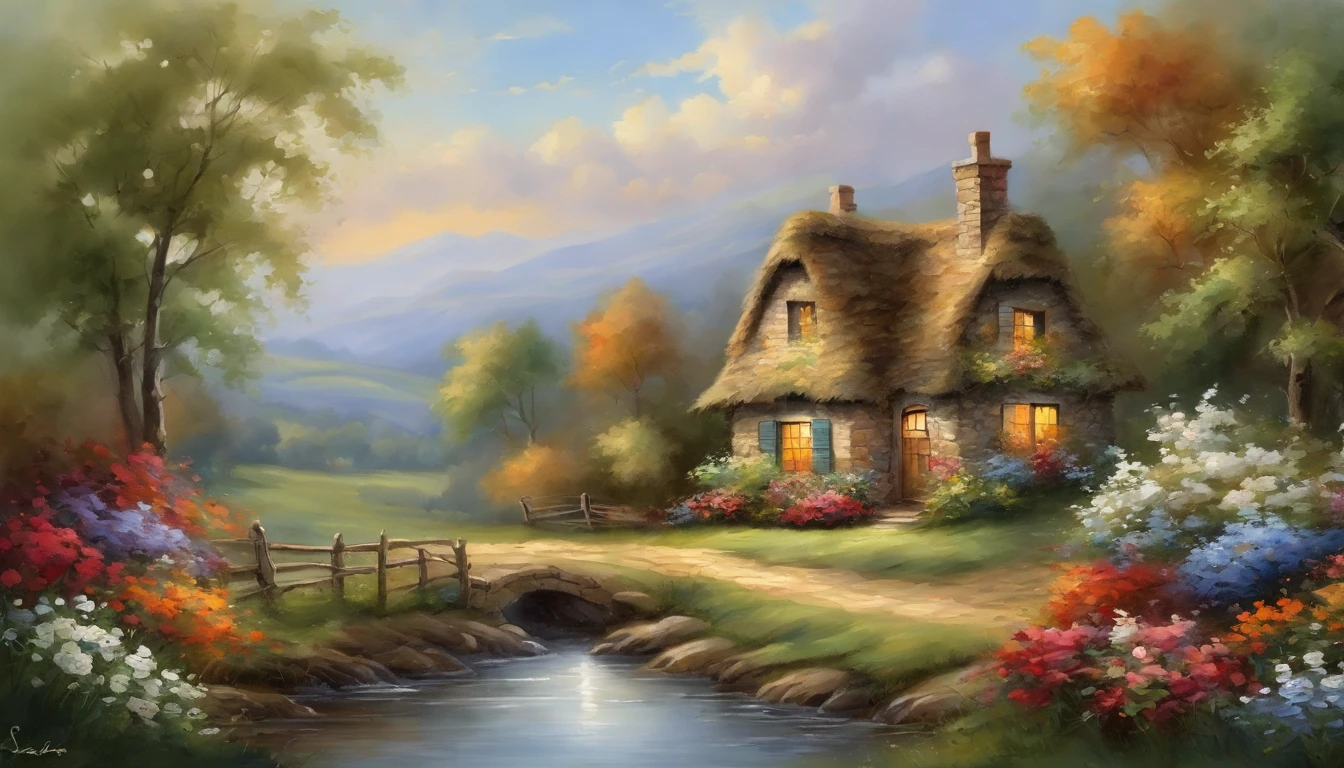 Realistic, authentic, a cottage under the tree, beside the stream, fence along the road, flowers, beautiful and amazing landscape oil painting Studio Thomas Kinkade #39;s petal grassland with blue sky and white clouds --v6