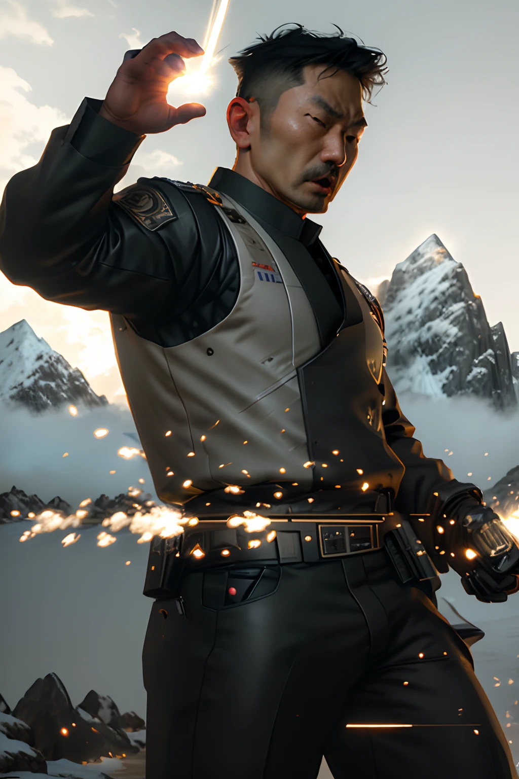 unreal engine, close up, asian, side view, A 40-year-old policeman with his head down in a shooting pose, holding a gun with one hand, making a shooting pose, on a mountain, open mouth, angry face, angry