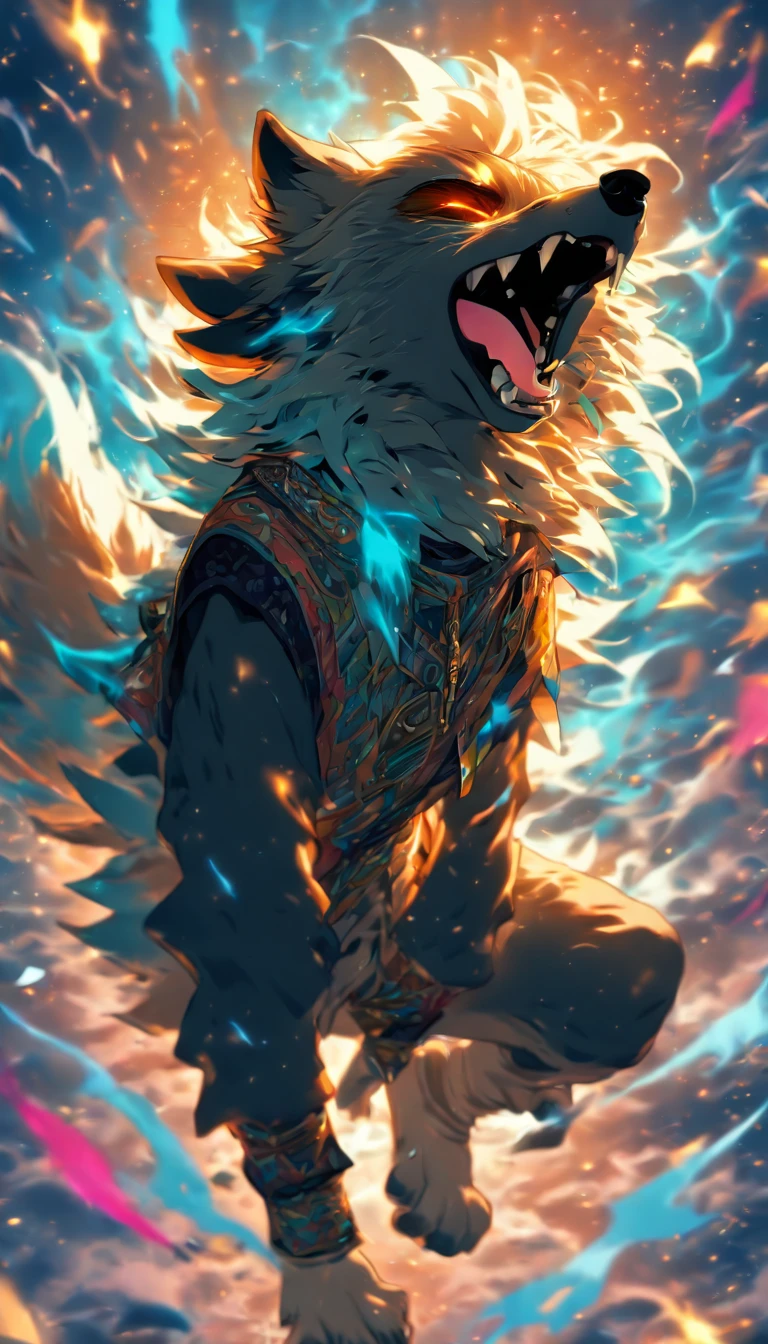 a sence of awe and wonder, (humanoid: 1.7) a small humanoid wolf yawning, ((yawning:1)) (((wearing cool sunglasses:1.7))), mouth wide open , beautiful nature , vibrant colors, magical , butterflies in the background , fantasy style rendering