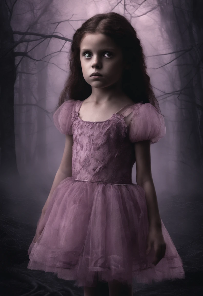 A -yead girith dark red hair and dark brown eyes wearing a pink and purple ballerina dress