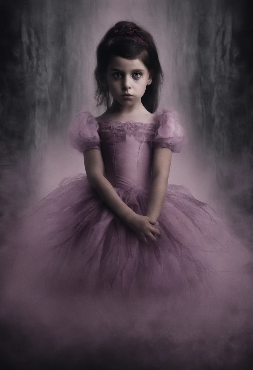 A six-year-old girl with dark red hair and dark brown eyes wearing a pink and purple ballerina dress