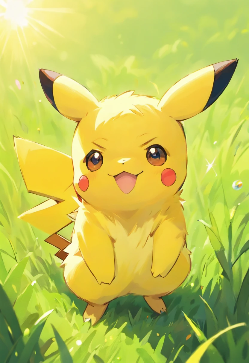 A cute Pikachu with vibrant yellow fur, rosy red cheeks, and sparkling black eyes, jumping playfully in a lush green grassy field. The Pikachu has a mischievous smile on its face, and its long, pointy ears stand tall. The scene is bathed in warm, golden sunlight, casting soft shadows on the ground. The grass sways gently in the breeze, adding a sense of movement to the image. The Pikachu's fur is soft and fluffy, with intricate details on its tail and paws. The vibrant colors and fine details make this artwork a masterpiece. It has a photorealistic style, with sharp focus and vivid colors that bring the Pikachu to life. The overall color tone is bright and cheerful, emphasizing the Pikachu's vibrant yellow fur. The lighting is natural and soft, creating a warm and inviting atmosphere.