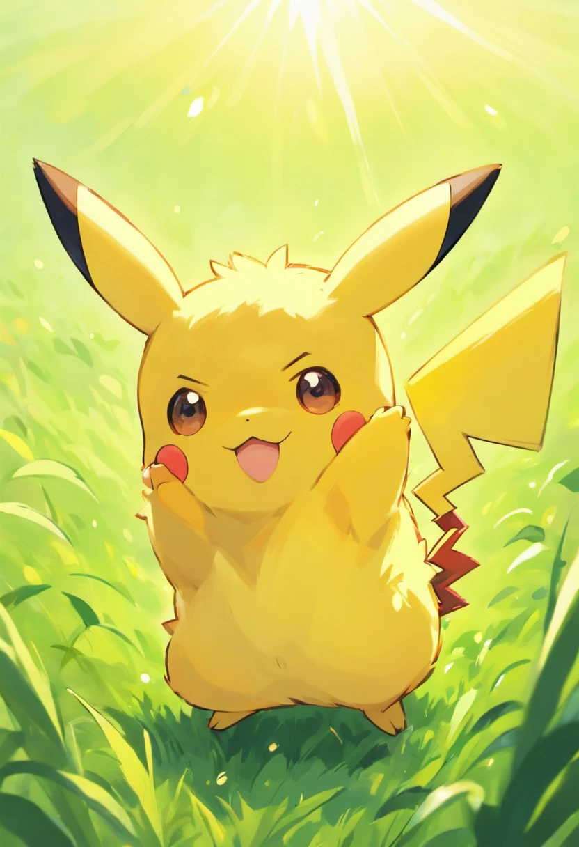 A cute Pikachu with vibrant yellow fur, rosy red cheeks, and sparkling black eyes, jumping playfully in a lush green grassy field. The Pikachu has a mischievous smile on its face, and its long, pointy ears stand tall. The scene is bathed in warm, golden sunlight, casting soft shadows on the ground. The grass sways gently in the breeze, adding a sense of movement to the image. The Pikachu's fur is soft and fluffy, with intricate details on its tail and paws. The vibrant colors and fine details make this artwork a masterpiece. It has a photorealistic style, with sharp focus and vivid colors that bring the Pikachu to life. The overall color tone is bright and cheerful, emphasizing the Pikachu's vibrant yellow fur. The lighting is natural and soft, creating a warm and inviting atmosphere.