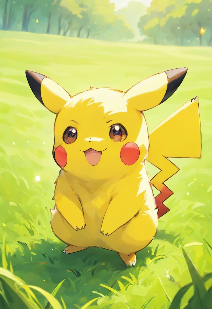 A cute Pikachu with vibrant yellow fur, rosy red cheeks, and sparkling black eyes, jumping playfully in a lush green grassy field. The Pikachu has a mischievous smile on its face, and its long, pointy ears stand tall. The scene is bathed in warm, golden sunlight, casting soft shadows on the ground. The grass sways gently in the breeze, adding a sense of movement to the image. The Pikachu's fur is soft and fluffy, with intricate details on its tail and paws. The vibrant colors and fine details make this artwork a masterpiece. It has a photorealistic style, with sharp focus and vivid colors that bring the Pikachu to life. The overall color tone is bright and cheerful, emphasizing the Pikachu's vibrant yellow fur. The lighting is natural and soft, creating a warm and inviting atmosphere.