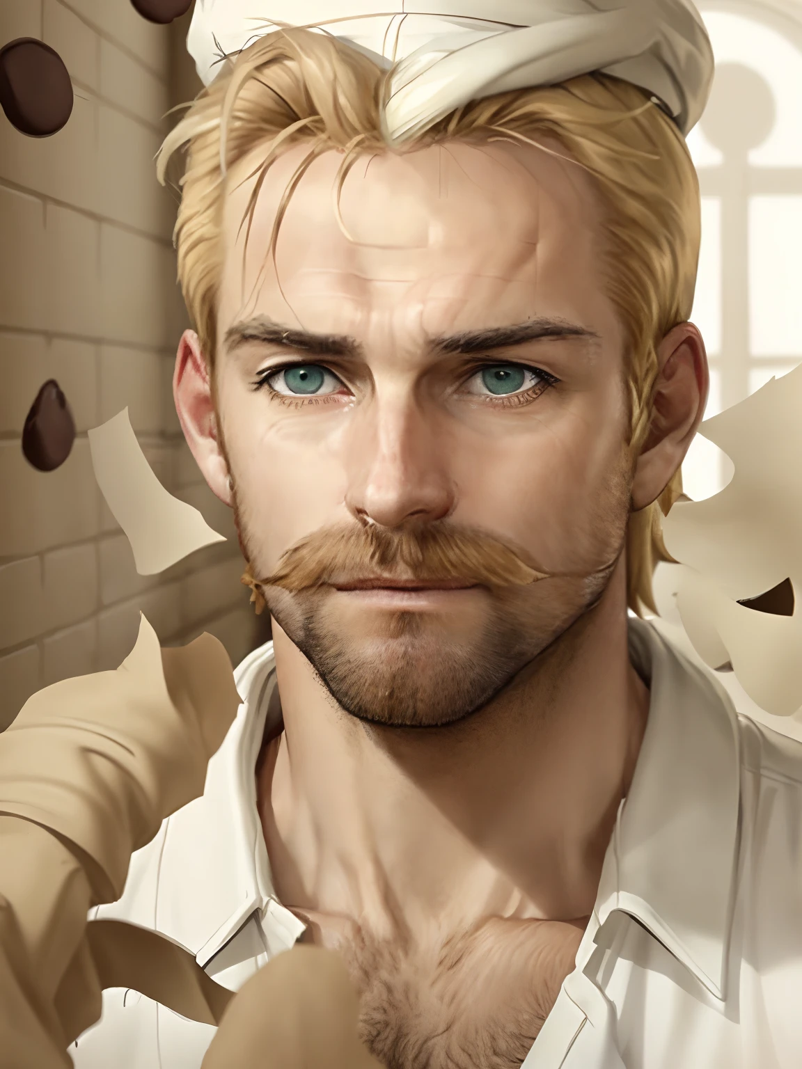 Blonde man, with green eyes, mustache, about 24 years old, white shirt, with a white cap, white boots and a chocolate factory, anime, realistic animation