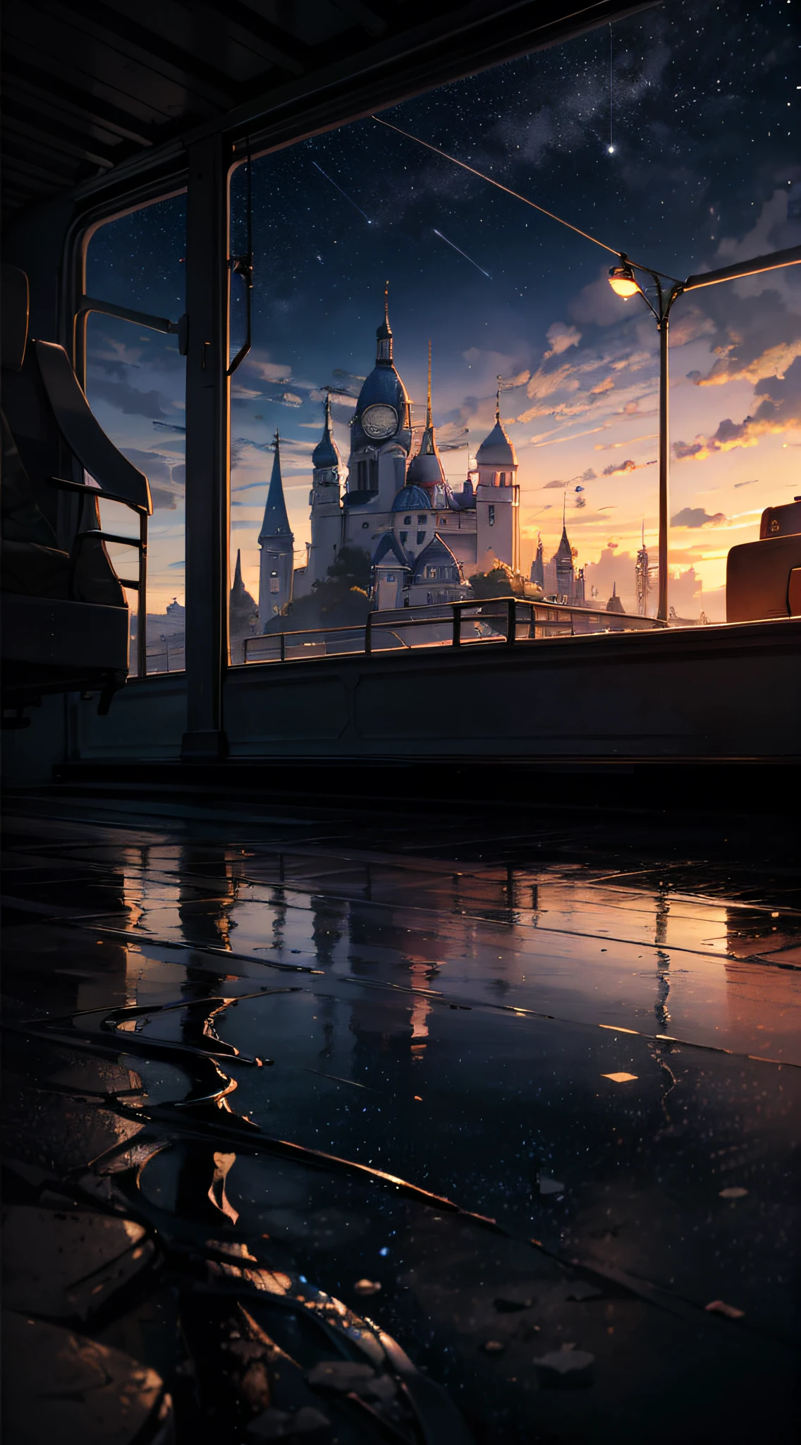 High quality masterpiece, landscape, anime train passing through bodies of water on tracks, bright starry sky. Romantic train, pixiv, concept art, lofi art style, reflection. by Makoto Shinkai, lofi art, Beautiful anime scene, Anime landscape, detailed scenery —width 672, in style of Makoto shinkai, style of Makoto shinkai, enhanced details.