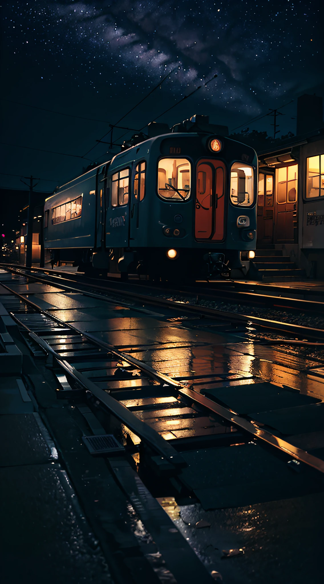 High quality masterpiece, landscape, anime train passing through bodies of water on tracks, bright starry sky. Romantic train, pixiv, concept art, lofi art style, reflection. by Makoto Shinkai, lofi art, Beautiful anime scene, Anime landscape, detailed scenery —width 672, in style of Makoto shinkai, style of Makoto shinkai, enhanced details.