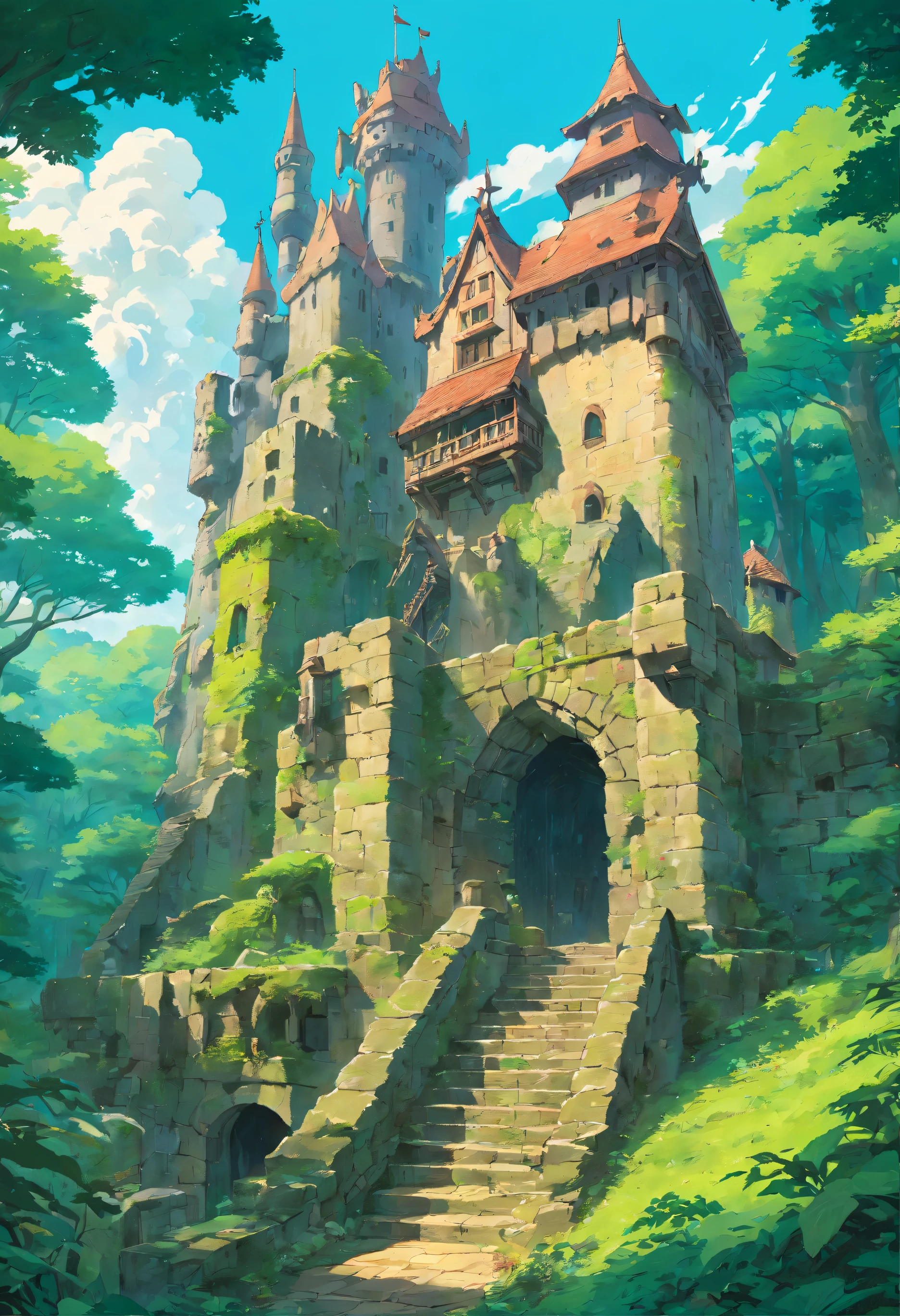 decrepit castle with foliage in a forest