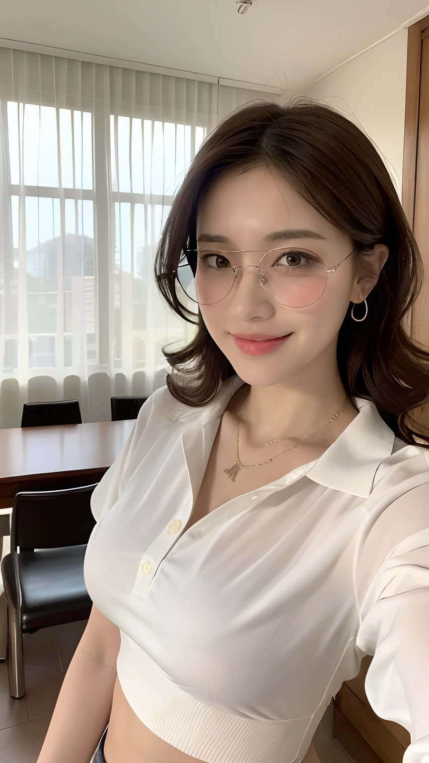 ((best qualtiy, 8K, tmasterpiece:1.3)), Focus:1.2, perfect figure beautiful woman:1.4, Cocked buttocks:1.2, ((Small curls)),（Long white legs：1.3） ，（Aviator sunglasses：1.2），(Polo shirt:1.2) , (inside in room: 1.2), Highly detailed facial and skin texture, A detailed eye, 二重まぶた，Whiten skin，（Straight big breasts：1.3），ssmile，Wear a necklace，gyuru
