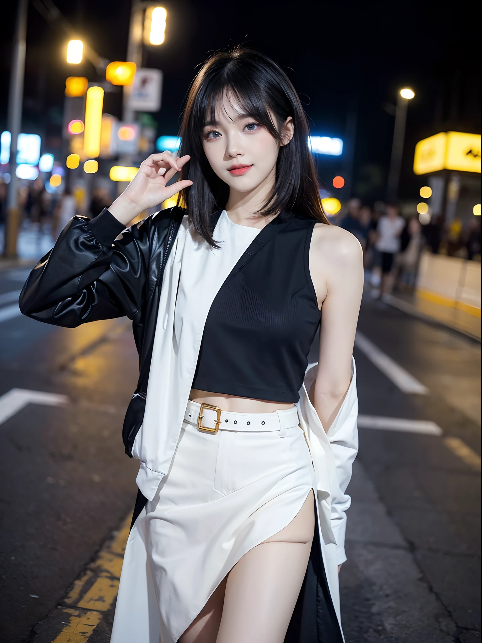 ((4K works))、​masterpiece、(top-quality)、1 beutiful girl、Slim body、((Attractive clothes in black and white))、(Detailed beautiful eyes)、Walking together on the road at night、Face similar to Carly Rae Jepsen、((Boyish Gold Medium Hair))、((Smaller face))、((Neutral face))、((Blue eyes))、((American Women))、((Adult female 26 years old))、((cool lady))、((A shy smile on his face))、((Korean Makeup))、((elongated and sharp eyes))、((Happy dating))、((boyish))、((She is walking in front of the viewer))、((Shot from the top of the face))、((Shot diagonally from the side))