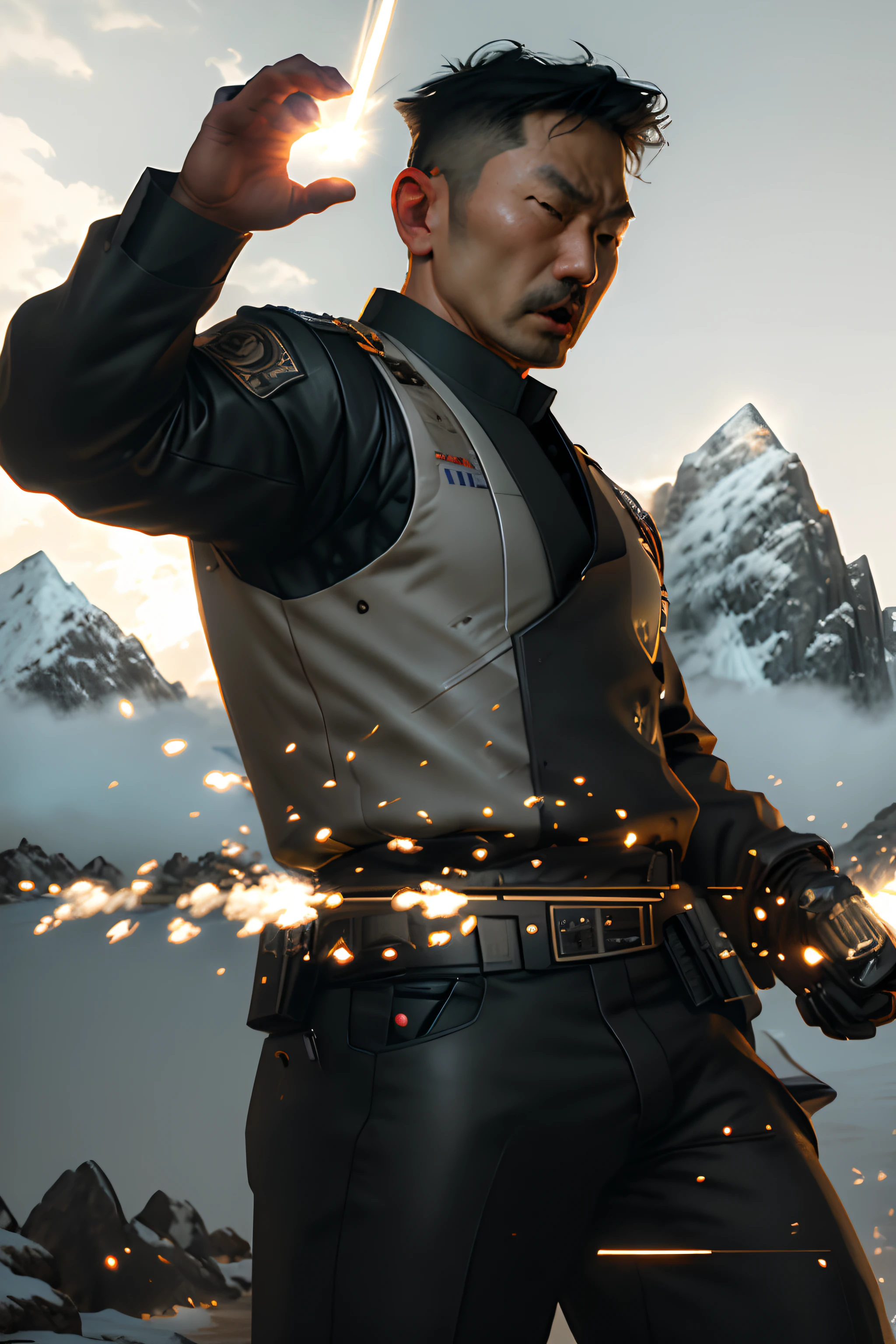 unreal engine, close up, asian, side view, A 40-year-old policeman with his head down in a shooting pose, holding a gun with one hand, making a shooting pose, on a mountain, open mouth, angry face, angry