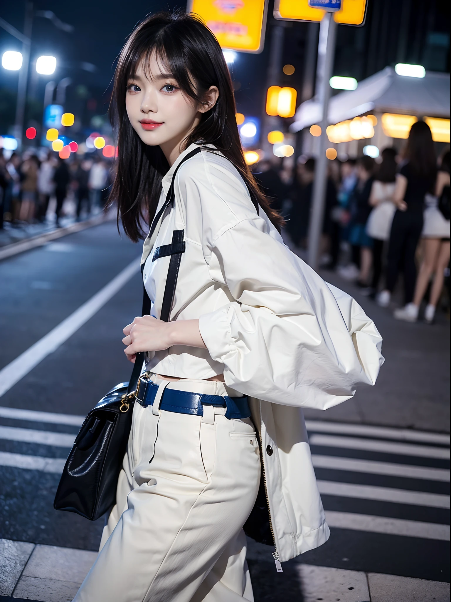 ((4K works))、​masterpiece、(top-quality)、1 beutiful girl、Slim body、((Attractive clothes in black and white))、(Detailed beautiful eyes)、Walking together on the road at night、Face similar to Carly Rae Jepsen、((Boyish Gold Medium Hair))、((Smaller face))、((Neutral face))、((Blue eyes))、((American Women))、((Adult female 26 years old))、((cool lady))、((A shy smile on his face))、((Korean Makeup))、((elongated and sharp eyes))、((Happy dating))、((boyish))、((She is walking in front of the viewer))、((Shot from the top of the face))、((Shot diagonally from the side))