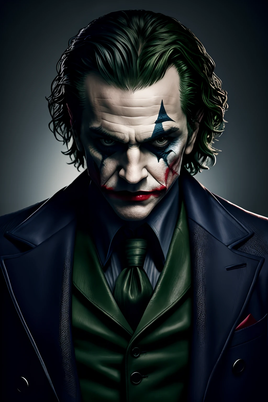 Masterpiece Illustration, high quality, high resolution 16k, a painting of a Joker with a smile on it's face, finnish cartoon, cgi art, oil painting, inspired by Mort Künstler, exaggerated expression, black background hyperrealism, by Václav Brožík, insane face, by Koloman Sokol, serious cartoon, cgi society, author unknown, incredulous, realistic texture, oil painting, ink, cloud,colorful