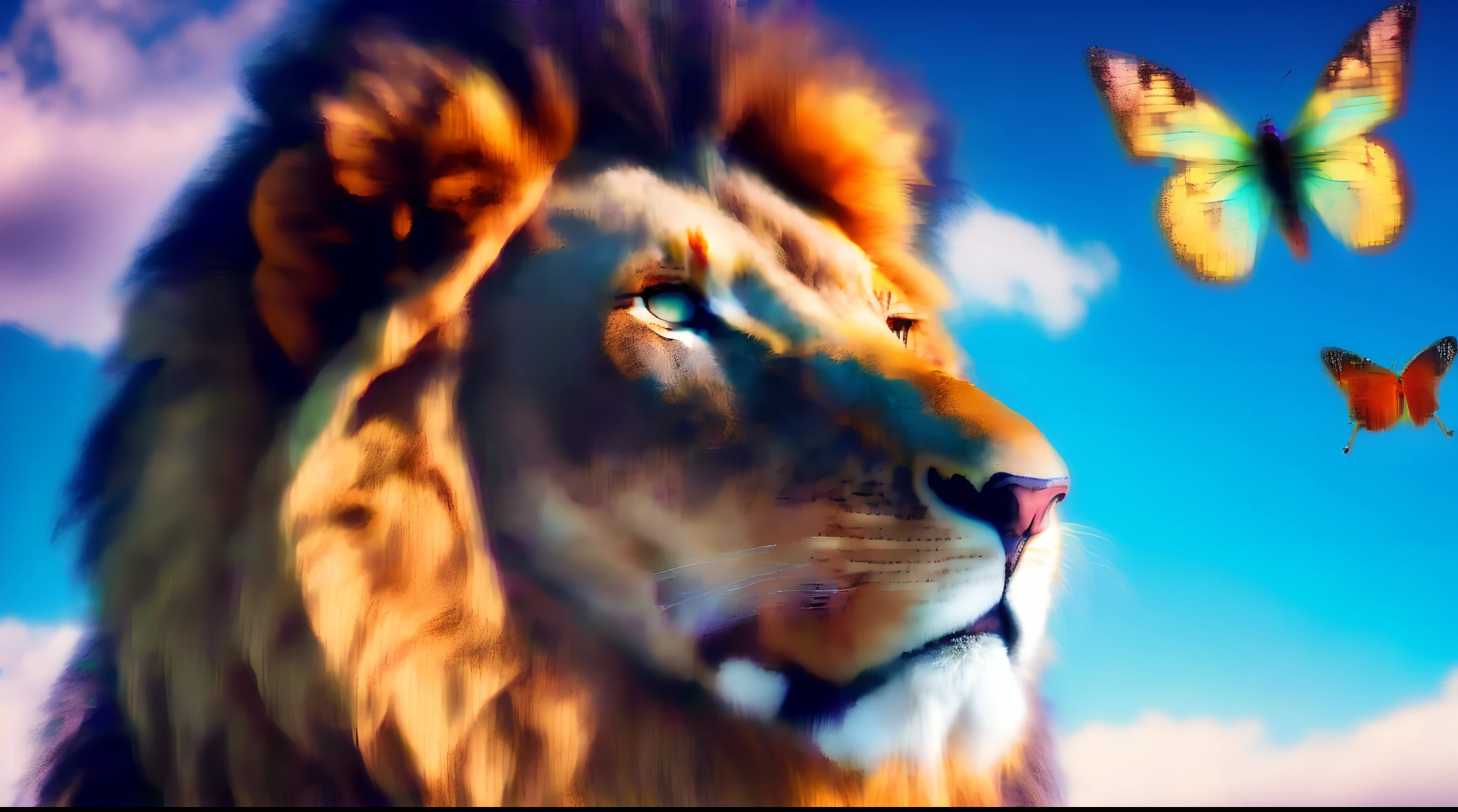 a lion looking up at a butterfly flying above it, digital art animal photo, wallpaper 4k, wallpaper 4 k, beautiful wallpaper, wallpaper hd, ((lion)), electric lion that fly over ice, wallpaper - 1 0 2 4, high-quality wallpaper, amazing wallpaper, beautiful blue glowing eyes, highly realistic photo, beautiful photo, beautiful digital artwork