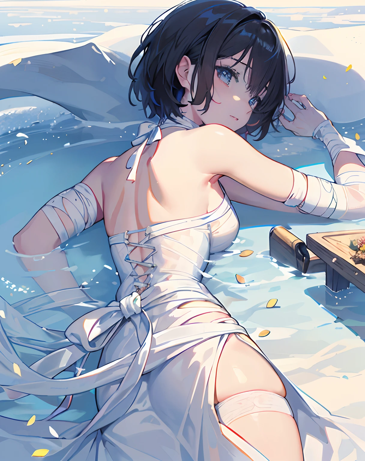 (masterpiece, highly detailed, best quality, official art, beautiful and aesthetic:1.3),(highly detail CG Illustration),(natural lighting),short hair,(1Girl:1.2),(from back),most detailed,(bandage attire:1.2),many bandage),bandage-made ensemble:1.2,(bandages attached her face),(bandage covering her body),tied up,(bandage attached her body), focus character, (laying on your stomach (alluring) pose,), science fiction,(white sand:1.4)
